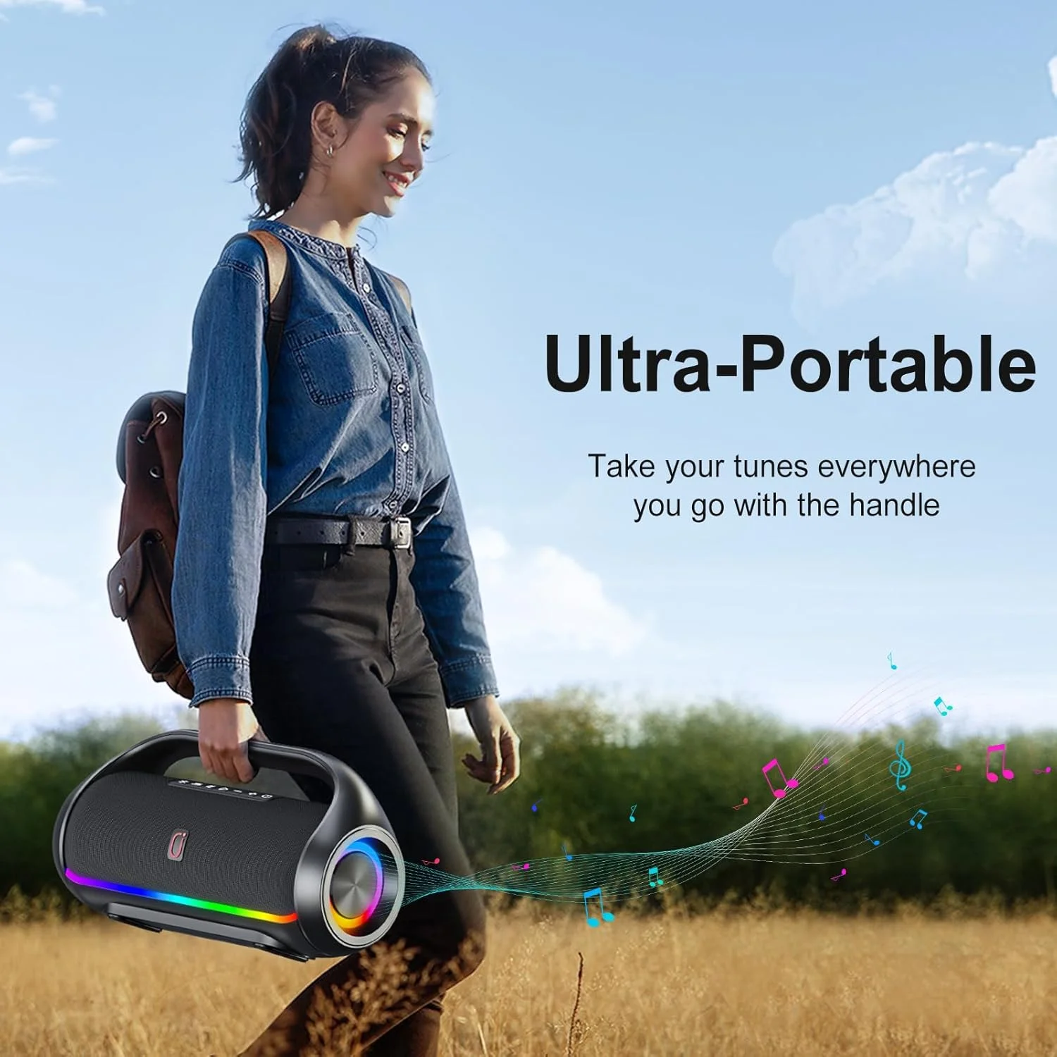 اسپیکر بلوتوثی قابل حمل JYX، ضد آب IPX5، نور دیسکو، صدای استریو باس قدرتمند، پشتیبانی از کارت USB/TF/AUX/FM/TWS، برای فضای باز/کمپینگ/ساحل