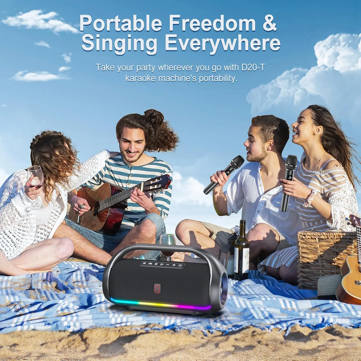 اسپیکر بلوتوثی قابل حمل JYX، ضد آب IPX5، نور دیسکو، صدای استریو باس قدرتمند، پشتیبانی از کارت USB/TF/AUX/FM/TWS، برای فضای باز/کمپینگ/ساحل