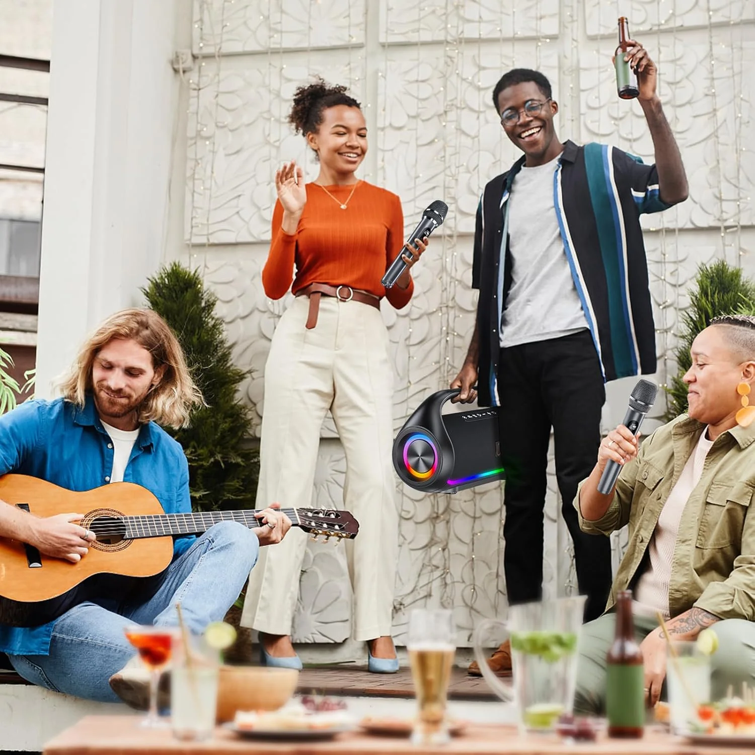 اسپیکر بلوتوثی قابل حمل JYX، ضد آب IPX5، نور دیسکو، صدای استریو باس قدرتمند، پشتیبانی از کارت USB/TF/AUX/FM/TWS، برای فضای باز/کمپینگ/ساحل