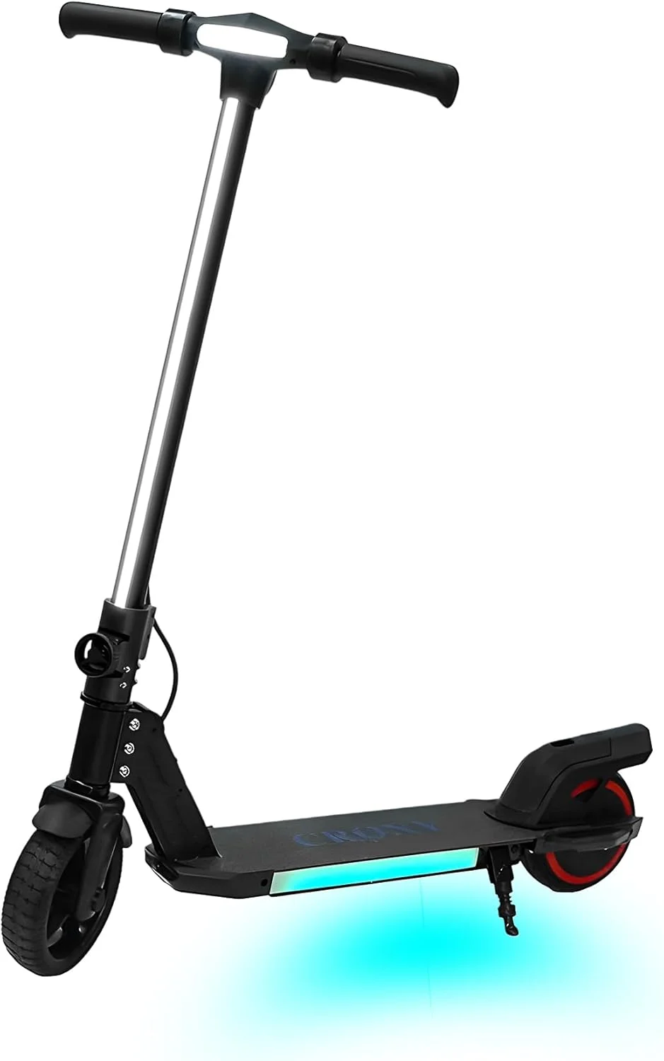 اسکوتر تاشو بچگانه CRONY با نوار نور LED، چراغ‌های عرشه RGB، ترمز الکترونیکی، نمایشگر LED، شتاب‌دهنده و زیرپایی توسعه‌یافته برای سنین 5-12 سال، حداکثر بار 100 کیلوگرم، مشکی