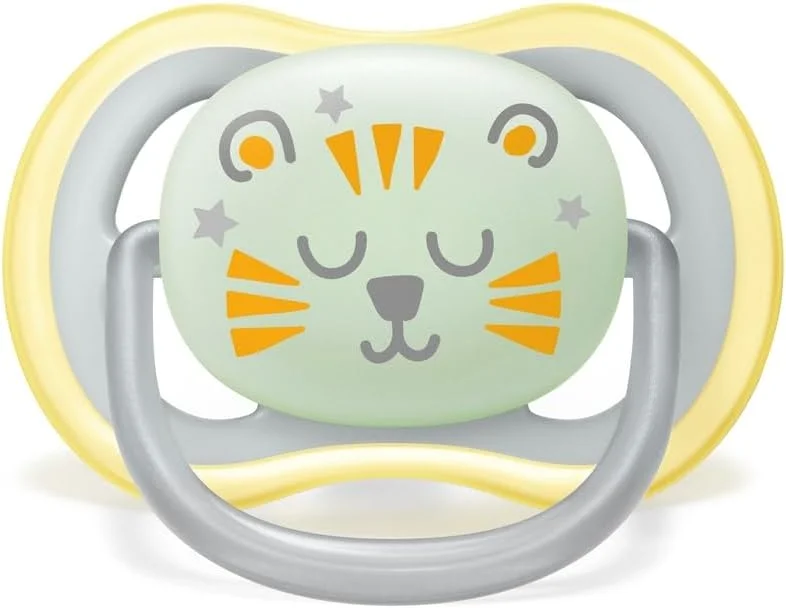 پستانک شب‌تاب الترا ایر اونت فیلیپس - بسته 2 عددی، فاقد BPA، دارای قابلیت تنفس و درخشان در تاریکی برای نوزادان 18+ ماه، شامل جعبه حمل و استریل، طرح ابر/ببر