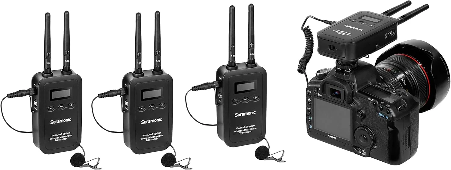 سیستم میکروفون یقه ای بی سیم 5.8 گیگاهرتزی Saramonic SRVML5/3K VmicLink5 با 3 فرستنده و 1 گیرنده برای Canon EOS T6 سیستم میکروفون یقه ای بی سیم 5.8 گیگاهرتزی Saramonic SRVML5/3K VmicLink5 با 3 فرستنده و 1 گیرنده برای Canon EOS T6