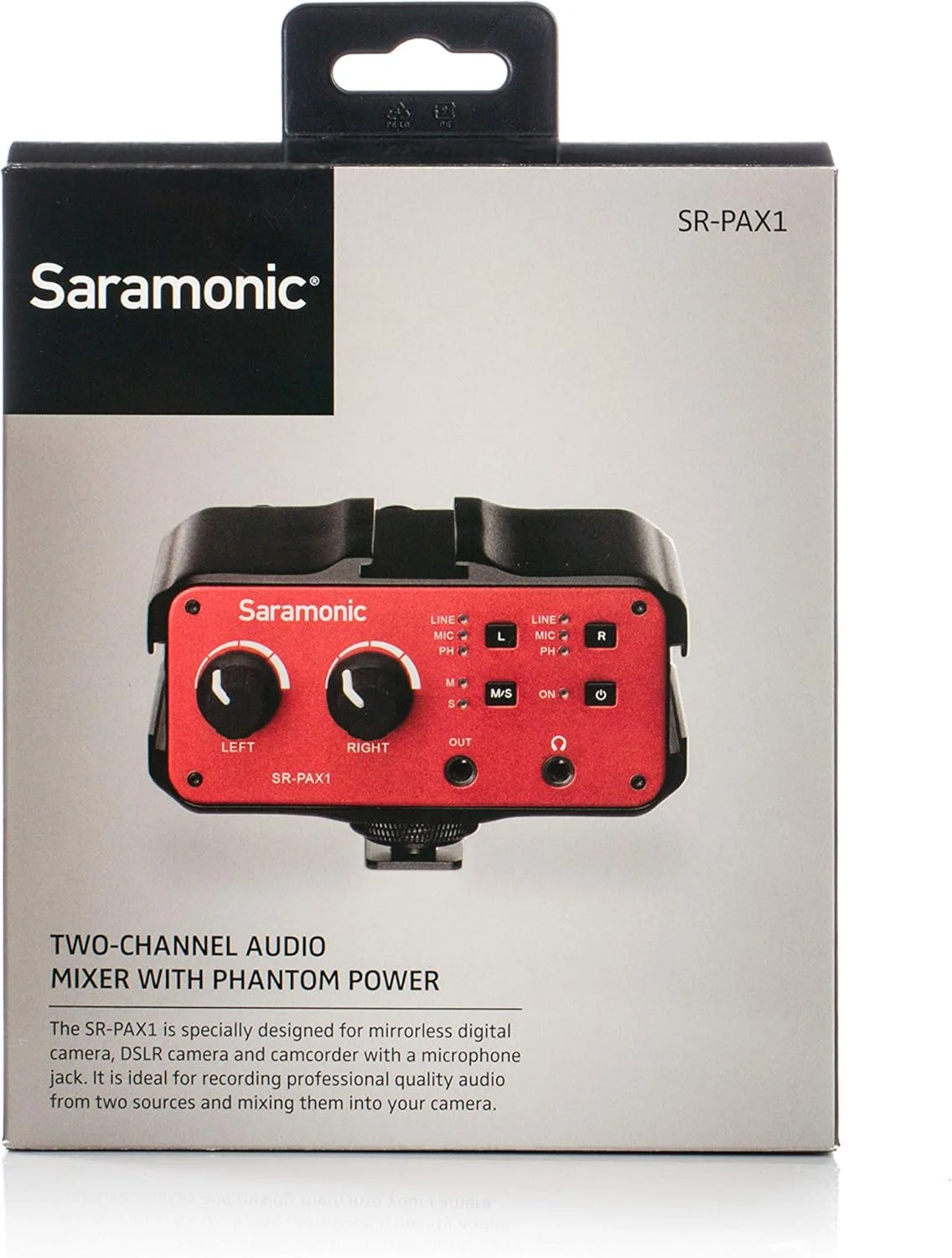 میکسر دو کاناله XLR، 1/4 اینچ و 1/8 اینچ سارامونیک روی دوربین با پری امپ، خروجی هدفون برای DSLR/Mirrorless/Video (SR-PAX1)