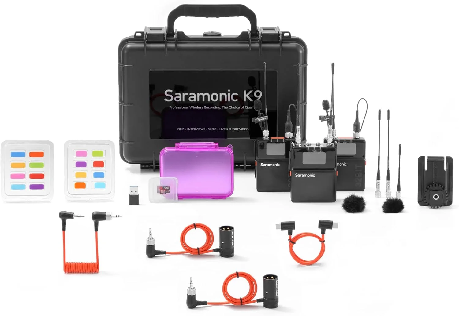 سیستم میکروفون بی سیم دوگانه دیجیتال UHF حرفه ای Saramonic K9-US با شناور 32 بیتی/کد زمانی/مینی لاوالیر/کنترل برنامه/خروجی 3.5 میلی متری/XLR/3.5 میلی متری/USB-C (K9-USA)