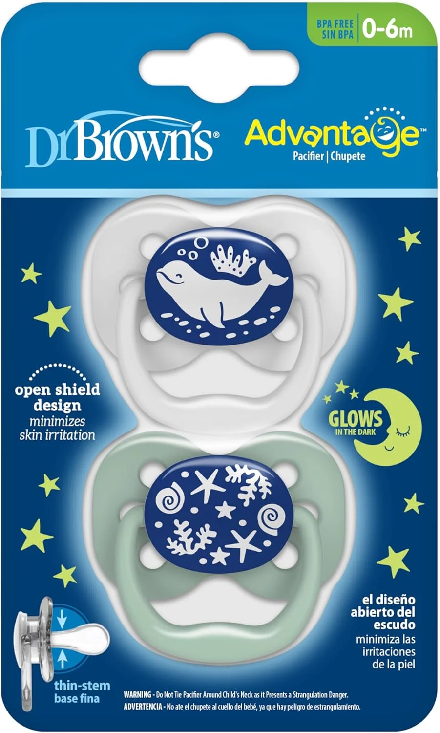پستانک شب‌تاب کودک دکتر براون مدل Advantage، پستانک کاملا متقارن با سر سیلیکونی نرم، اقیانوس آبی، 0-6 ماه، فاقد BPA، بسته‌ی 2 عددی