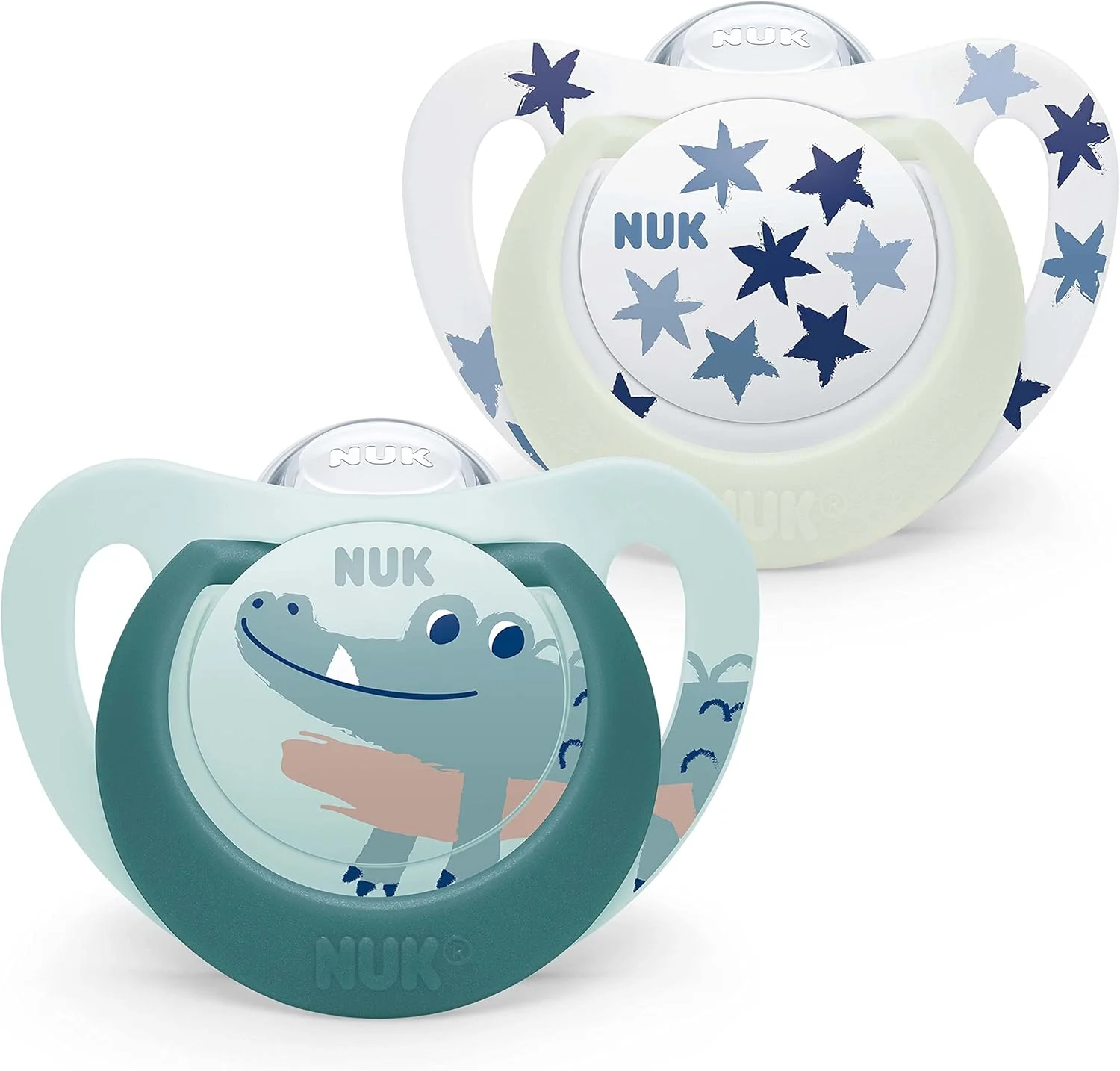پستانک کودک NUK Star | 18-36 ماه | پستانک های روز و شب | سیلیکون فاقد BPA | کروکودیل سبز | 2 عدد