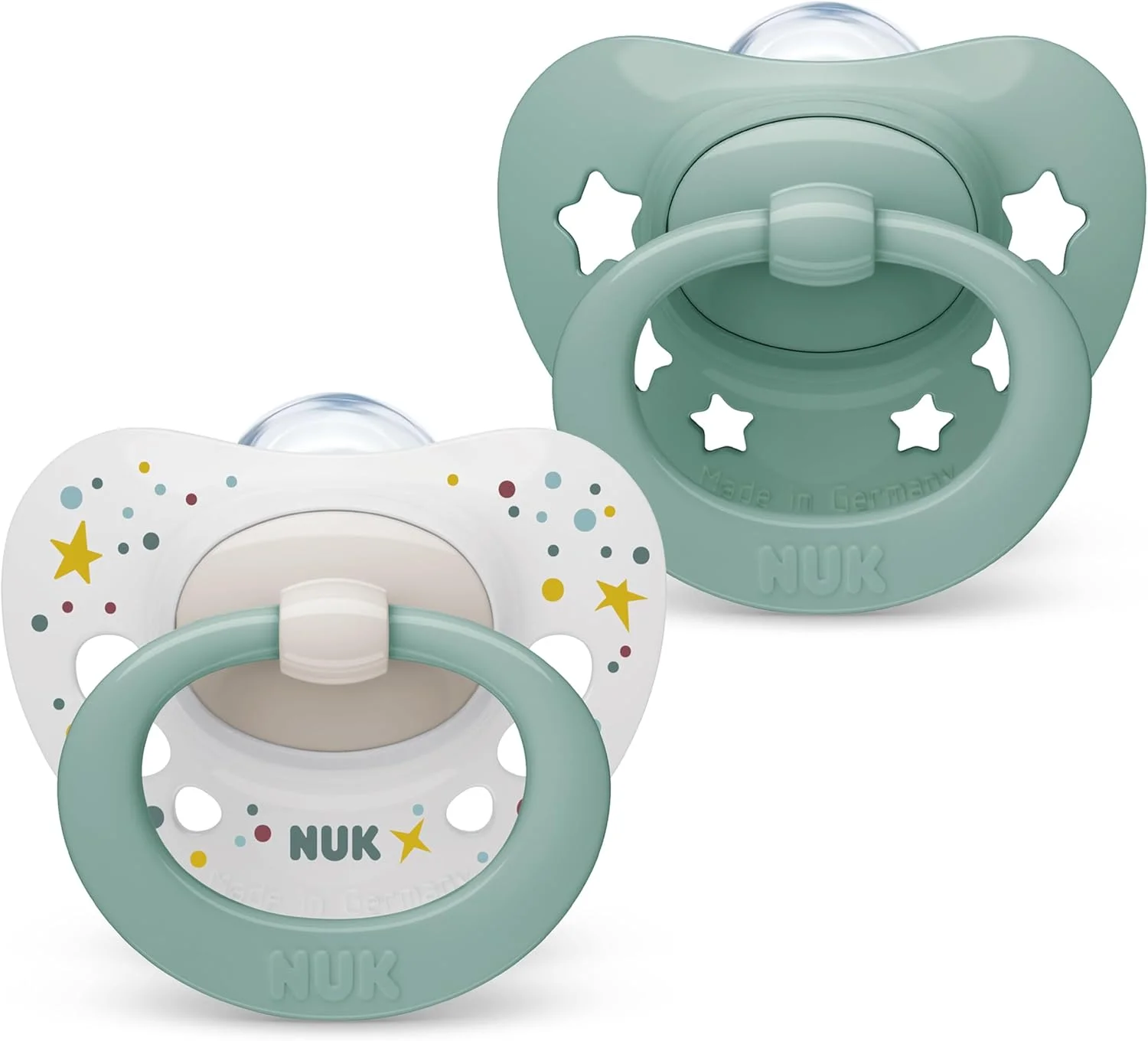 پستانک نوزاد NUK Signature | 0-6 ماه | تسکین دهنده 95% نوزادان | پستانک سیلیکونی بدون BPA با شکل قلب | با جعبه | ستاره های سبز | بسته 2 عددی