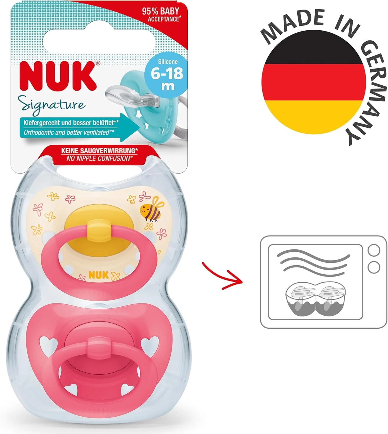 پستانک نوزاد NUK Signature | 6-18 ماه | تسکین دهنده 95% نوزادان | پستانک سیلیکونی بدون BPA با طرح قلب | با جعبه | قلب های صورتی | بسته 2 عددی پستانک نوزاد NUK Signature | 6-18 ماه | تسکین دهنده 95% نوزادان | پستانک سیلیکونی بدون BPA با طرح قلب | با جعبه | قلب های صورتی | بسته 2 عددی