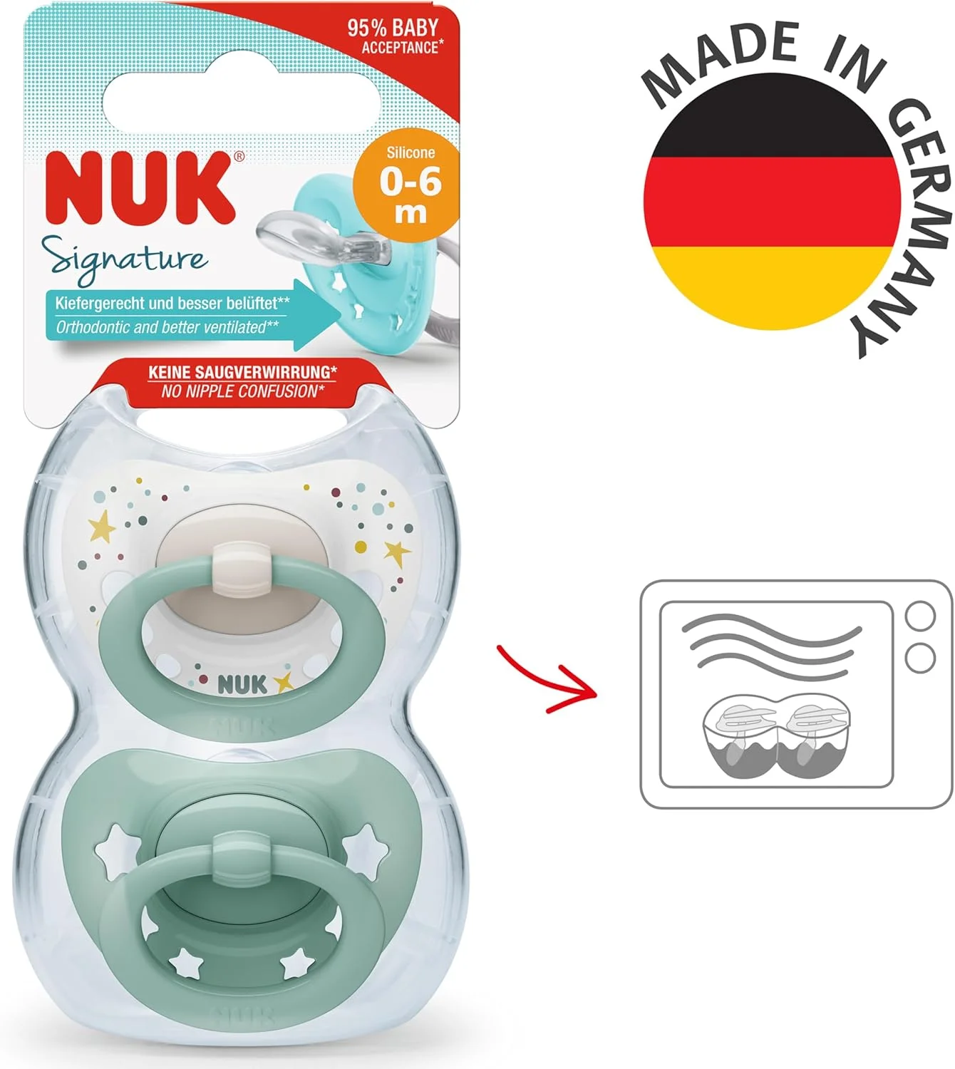 پستانک نوزاد NUK Signature | 0-6 ماه | تسکین دهنده 95% نوزادان | پستانک سیلیکونی بدون BPA با شکل قلب | با جعبه | ستاره های سبز | بسته 2 عددی پستانک نوزاد NUK Signature | 0-6 ماه | تسکین دهنده 95% نوزادان | پستانک سیلیکونی بدون BPA با شکل قلب | با جعبه | ستاره های سبز | بسته 2 عددی