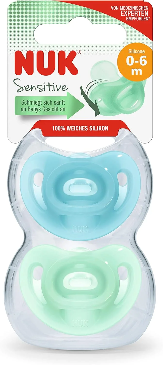 پستانک ارتودنسی NUK Sensitive، 0-6 ماه، 100% سیلیکون برای پوست حساس، فاقد BPA، آبی و سبز، بسته 2 عددی پستانک ارتودنسی NUK Sensitive، 0-6 ماه، 100% سیلیکون برای پوست حساس، فاقد BPA، آبی و سبز، بسته 2 عددی