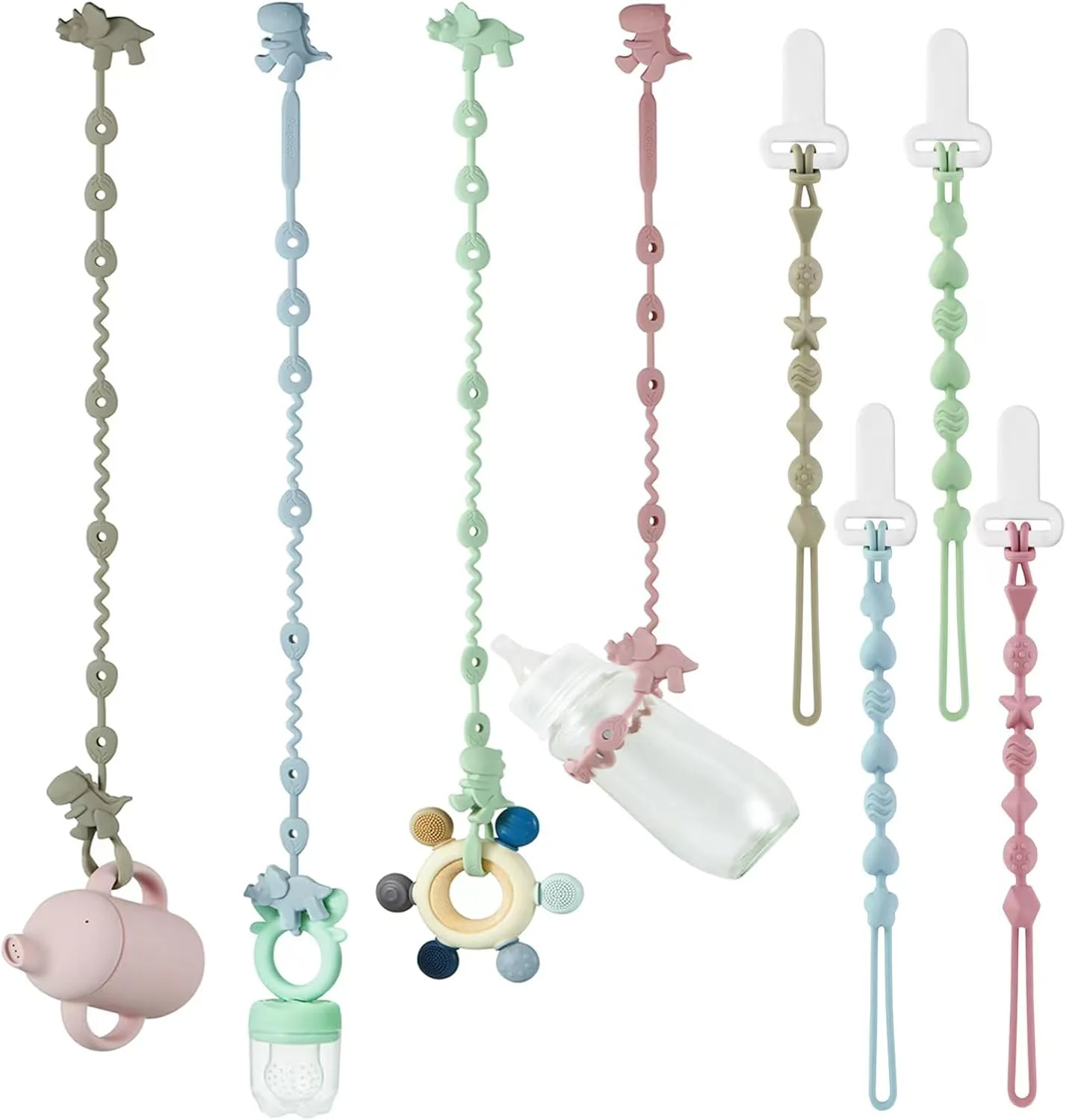 بند اسباب بازی و گیره پستانک سیلیکونی پاندا ایر، 8 عددی، بند پستانک سیلیکونی طرح دایناسور و گیره نگهدارنده پستانک با طراحی یک تکه برای نوزادان پسر و دختر بند اسباب بازی و گیره پستانک سیلیکونی پاندا ایر، 8 عددی، بند پستانک سیلیکونی طرح دایناسور و گیره نگهدارنده پستانک با طراحی یک تکه برای نوزادان پسر و دختر