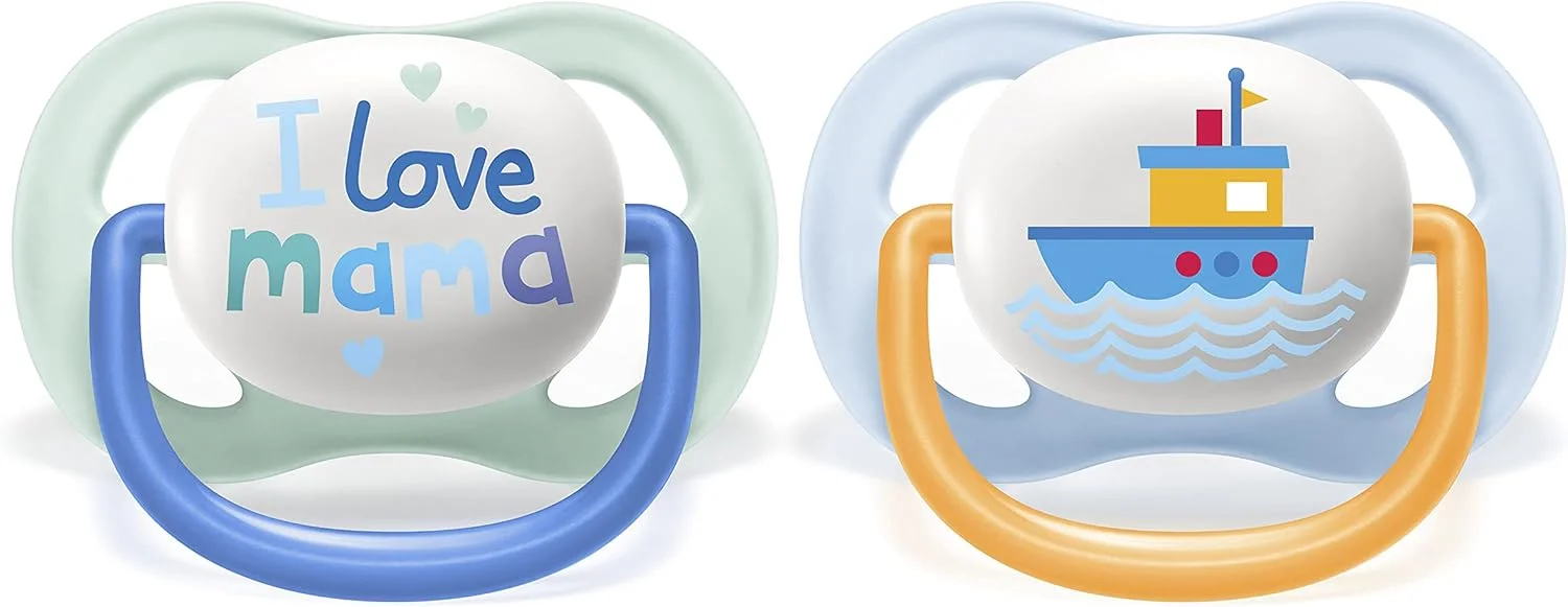 پستانک الترا ایر اونت فیلیپس، مناسب 0-6 ماه، ارتودنسی و بدون BPA، 2 عدد، شامل استریل کننده/کیف حمل، SCF080/01 سبز روشن/آبی تیره و آبی روشن/نارنجی