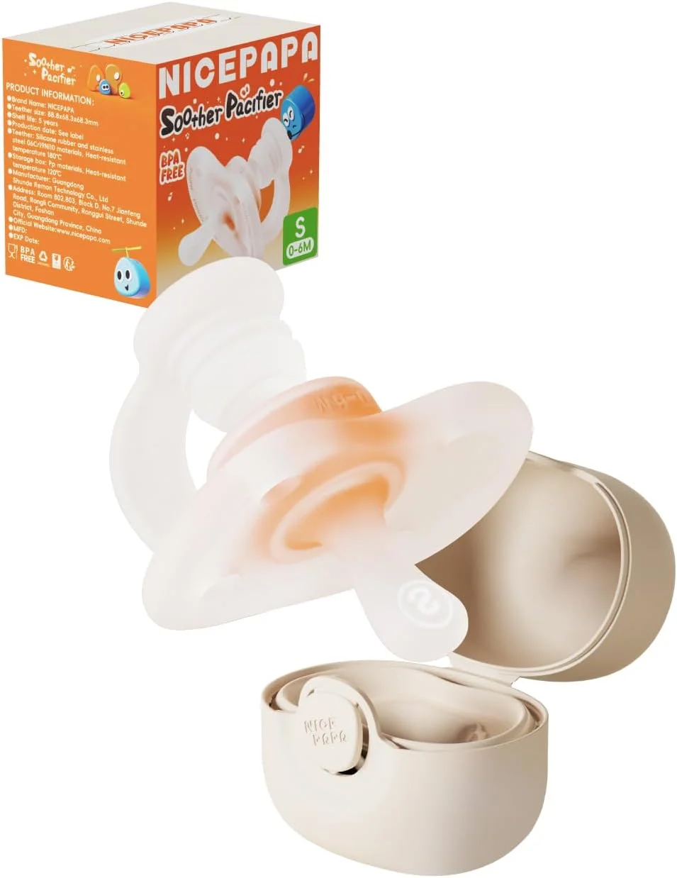 پستانک نوزاد NICEPAPA 0-6 ماه، سیلیکونی فاقد BPA، طراحی یک تکه آرام بخش روز و شب با جعبه نگهداری