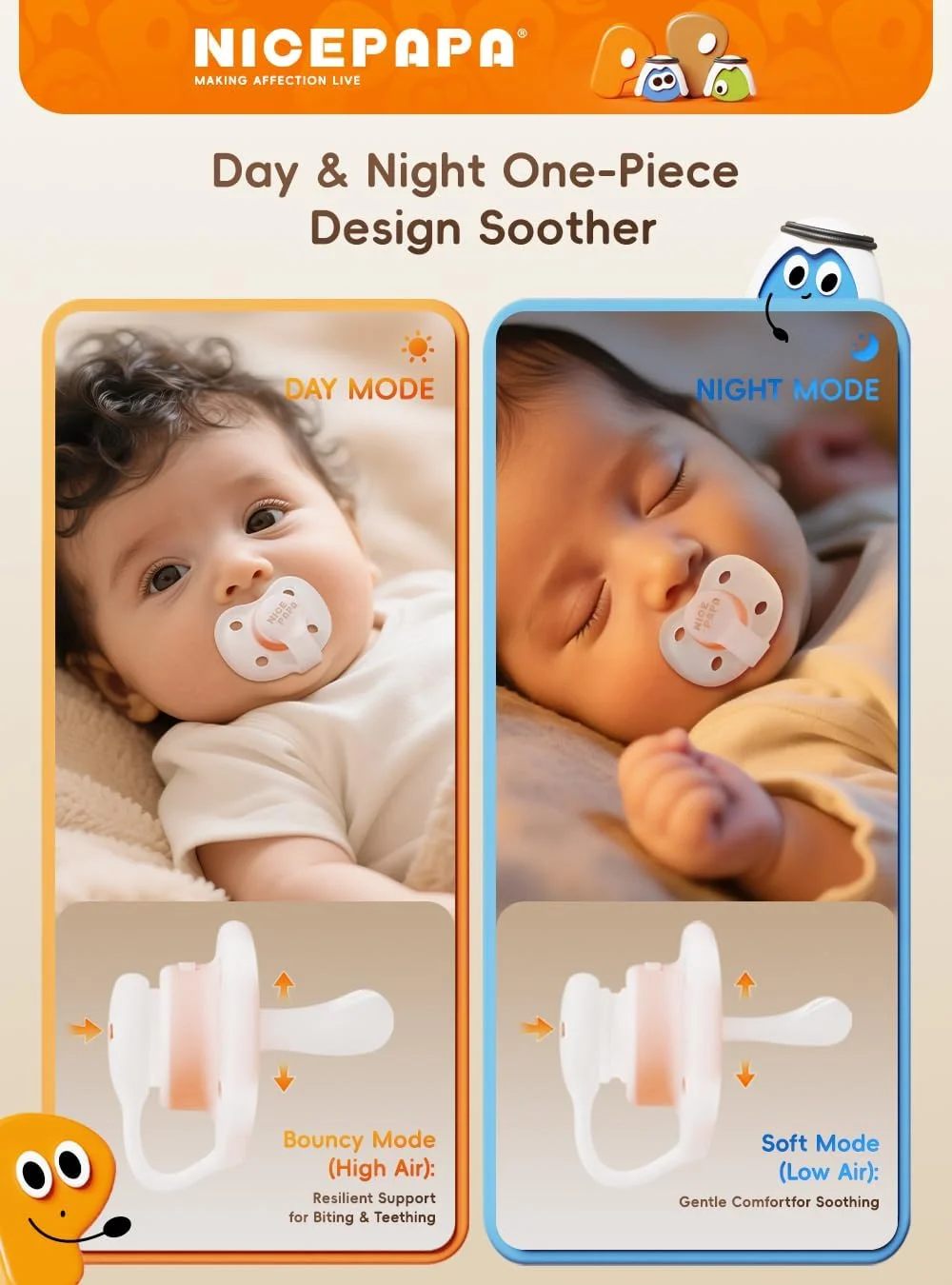 پستانک نوزاد NICEPAPA 0-6 ماه، سیلیکونی فاقد BPA، طراحی یک تکه آرام بخش روز و شب با جعبه نگهداری