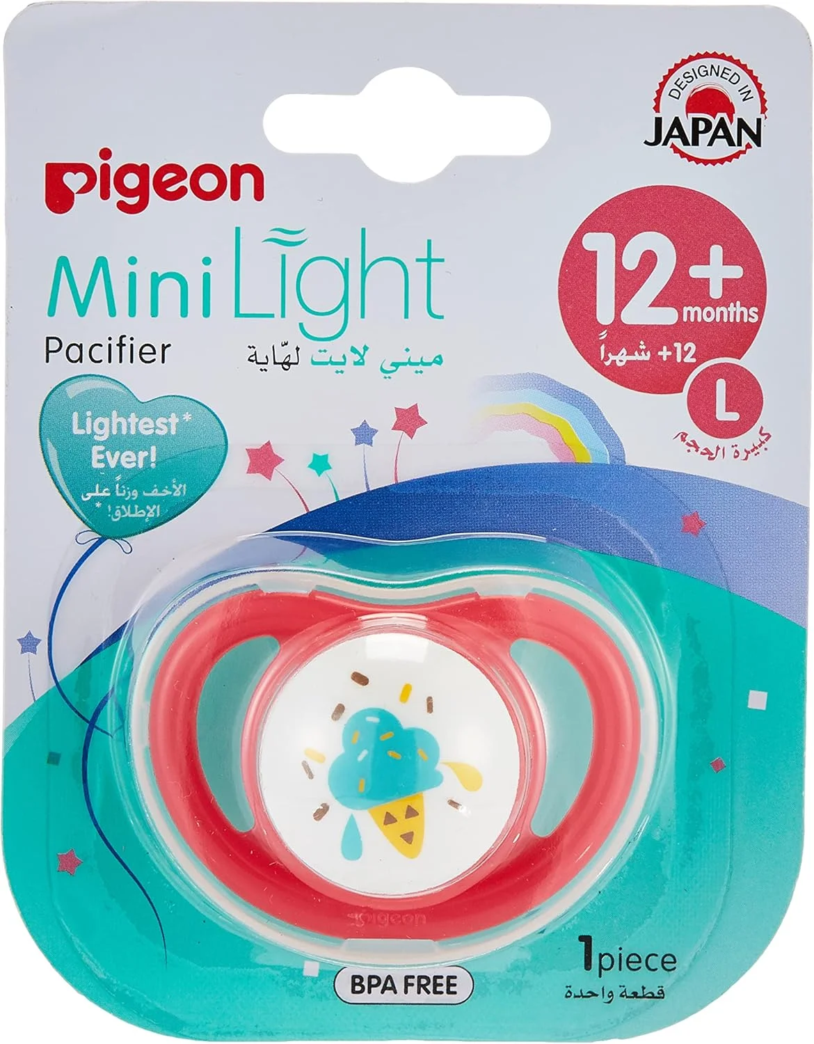 پستانک مینی لایت پیجون، فوق العاده سبک وزن، سرپستانک سیلیکونی نرم، جریان هوای بیشتر، فاقد BPA و BPS، سایز L، 12+ ماه، شفاف