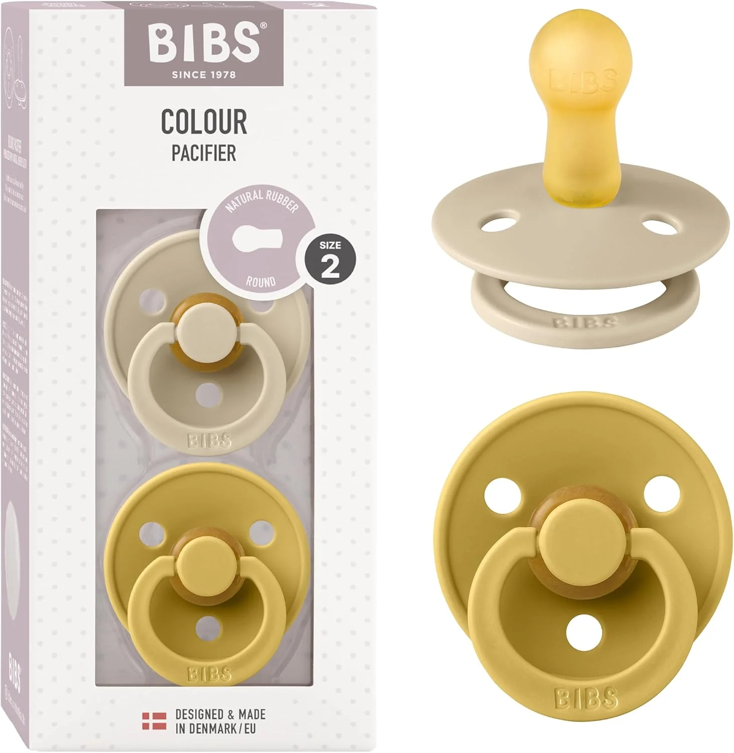 پستانک ارتودنسی 2 عددی BIBS Colour، فاقد BPA، لاتکس طبیعی گرد، سایز 2 (6-18 ماه)، وانیلی/خردلی