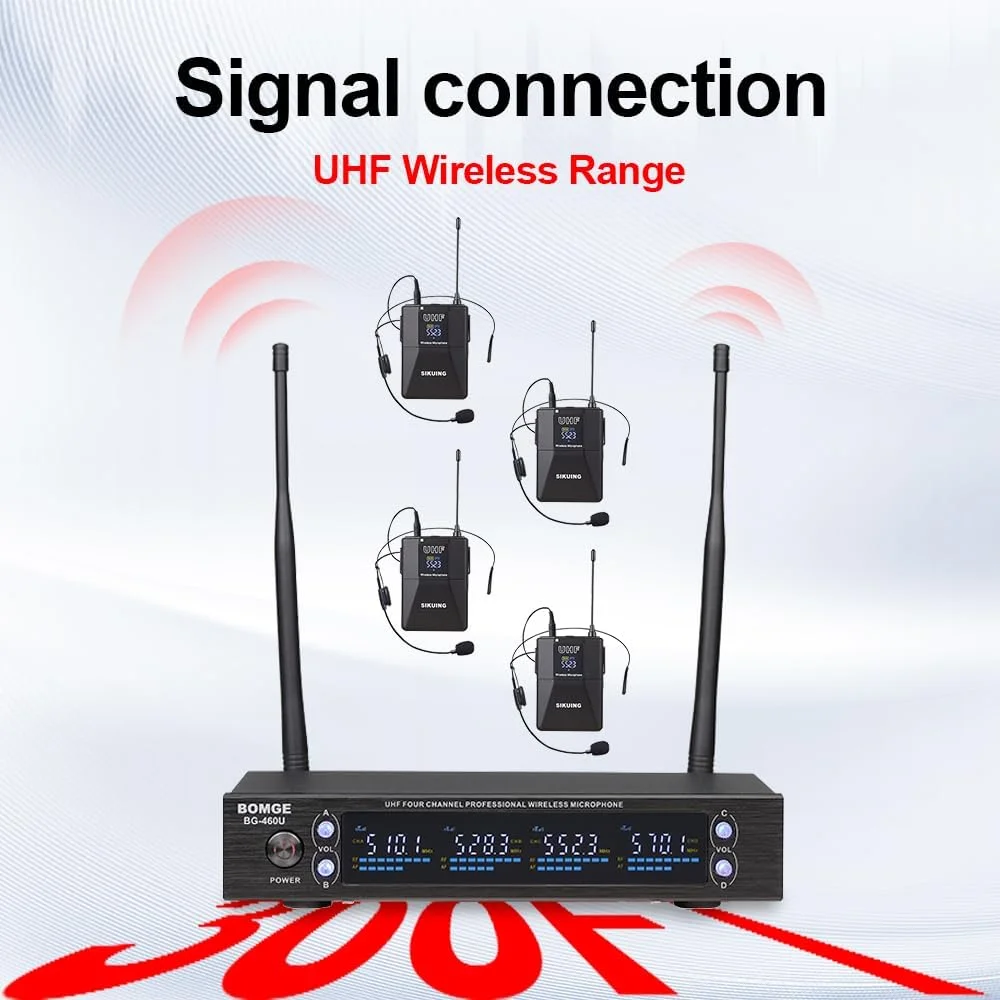 سیستم میکروفون بی سیم یواچ‌اف 4 کاناله BOMGE با میکروفون‌های یقه‌ای و هدست، 4x50 فرکانس قابل تنظیم، ایده آل برای جلسه کارائوکه کلیسا، برد 300 فوت (4 بادی‌پک)