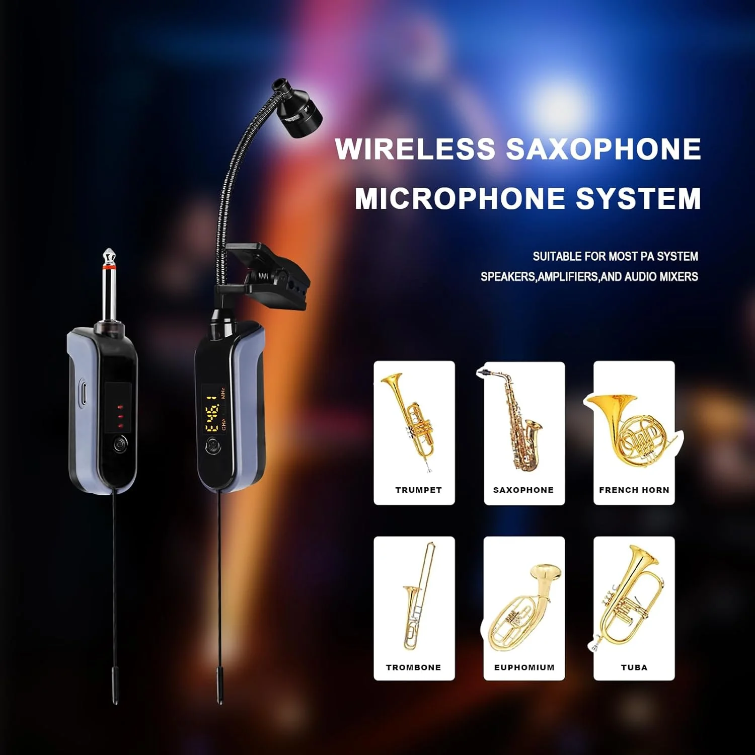 میکروفون بی سیم سازهای بادی BOMGE UHF، میکروفون ساکسیفون، گیرنده و فرستنده بی سیم، برد 160 فوت، اتصال آسان، مناسب برای ترومپت، کلارینت، ویولن سل، سیستم های PA فعال (WTU-08A) میکروفون بی سیم سازهای بادی BOMGE UHF، میکروفون ساکسیفون، گیرنده و فرستنده بی سیم، برد 160 فوت، اتصال آسان، مناسب برای ترومپت، کلارینت، ویولن سل، سیستم های PA فعال (WTU-08A)