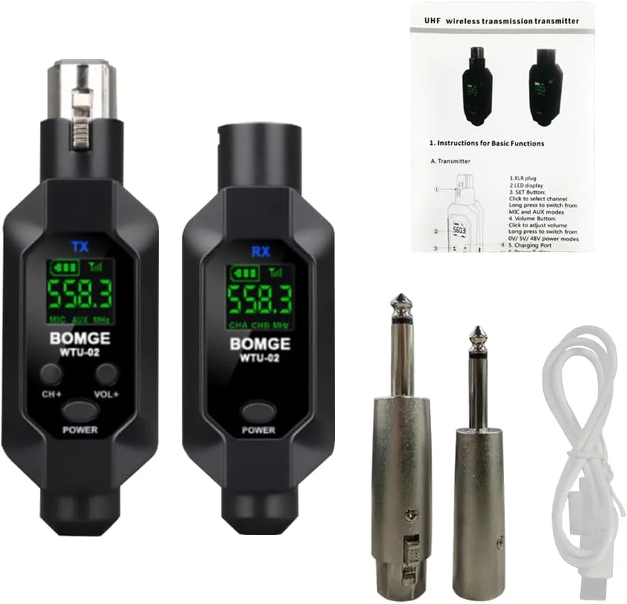 فرستنده و گیرنده XLR بی سیم BOMGE، سیستم آداپتور UHF XLR برای گیتار میکروفون دینامیک، فرکانس نمونه برداری 48k، قابلیت شارژ USB، برد 100 فوت (1 عدد گیرنده + 1 عدد فرستنده)