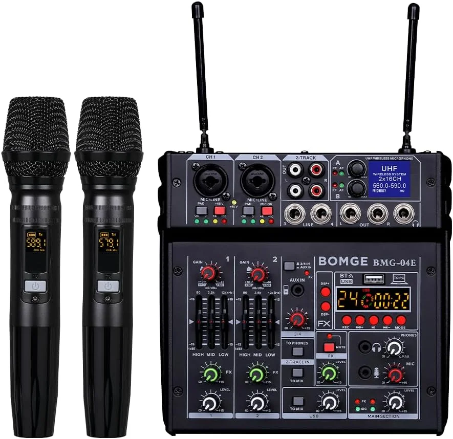 میکسر صوتی کارائوکه BOMGE 04E، میکسر 4 کاناله با میکروفون بی سیم دوگانه UHF، کنسول برد صدا MP3 بلوتوث فانتوم پاور 48 ولت رابط صوتی USB DJ برای ضبط استودیویی کامپیوتر مهمانی