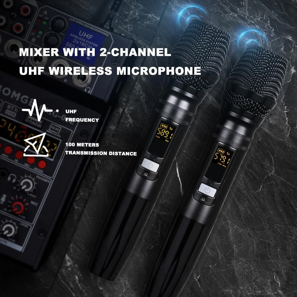 میکسر صوتی کارائوکه BOMGE 04E، میکسر 4 کاناله با میکروفون بی سیم دوگانه UHF، کنسول برد صدا MP3 بلوتوث فانتوم پاور 48 ولت رابط صوتی USB DJ برای ضبط استودیویی کامپیوتر مهمانی میکسر صوتی کارائوکه BOMGE 04E، میکسر 4 کاناله با میکروفون بی سیم دوگانه UHF، کنسول برد صدا MP3 بلوتوث فانتوم پاور 48 ولت رابط صوتی USB DJ برای ضبط استودیویی کامپیوتر مهمانی