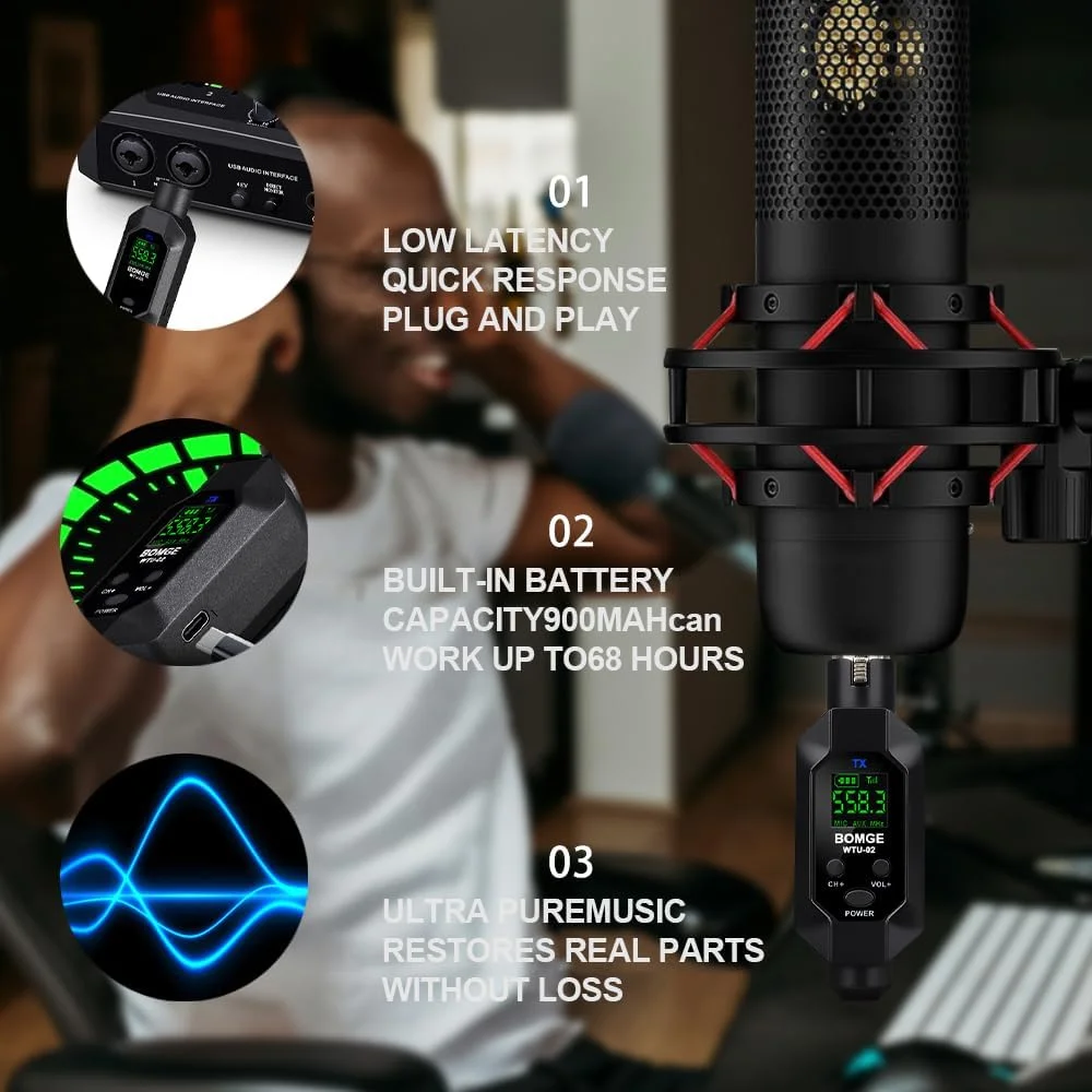 فرستنده و گیرنده XLR بی سیم BOMGE، سیستم آداپتور UHF XLR برای گیتار میکروفون دینامیک، فرکانس نمونه برداری 48k، قابلیت شارژ USB، برد 100 فوت (1 عدد گیرنده + 1 عدد فرستنده)