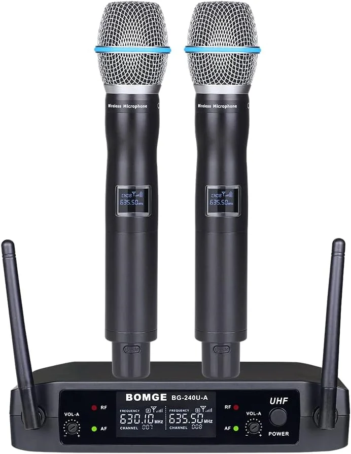 میکروفون های بی سیم دوگانه دستی فلزی BOMGE uhf و سیستم ها برای کارائوکه، آواز خواندن، جلسه، مهمانی، کلیسا، دی جی، عروسی، 200 فوت (240U)