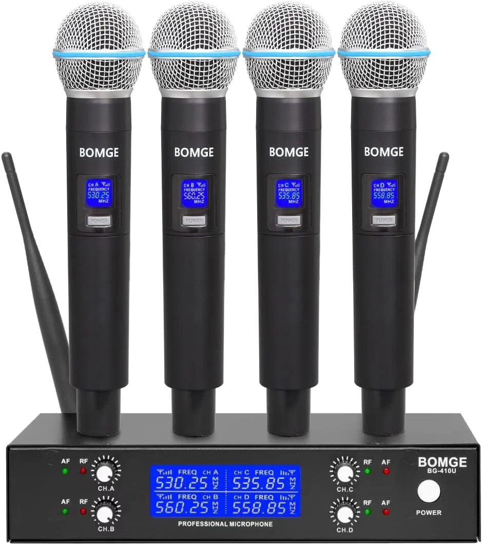 سیستم میکروفون بی سیم حرفه ای BOMGE، میکروفون بی سیم UHF 4 کاناله، میکروفون بی سیم با 4 میکروفون دستی دینامیک، برد 260 فوت، میکروفون برای آواز خواندن، کلیسا، کارائوکه، مهمانی (410U-4 دستی)