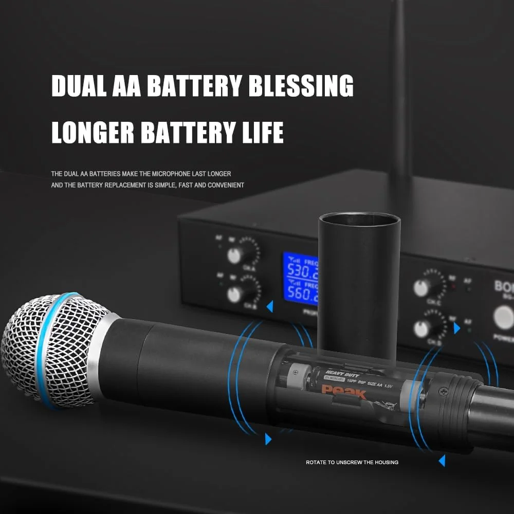 سیستم میکروفون بی سیم حرفه ای BOMGE، میکروفون بی سیم UHF 4 کاناله، میکروفون بی سیم با 4 میکروفون دستی دینامیک، برد 260 فوت، میکروفون برای آواز خواندن، کلیسا، کارائوکه، مهمانی (410U-4 دستی)