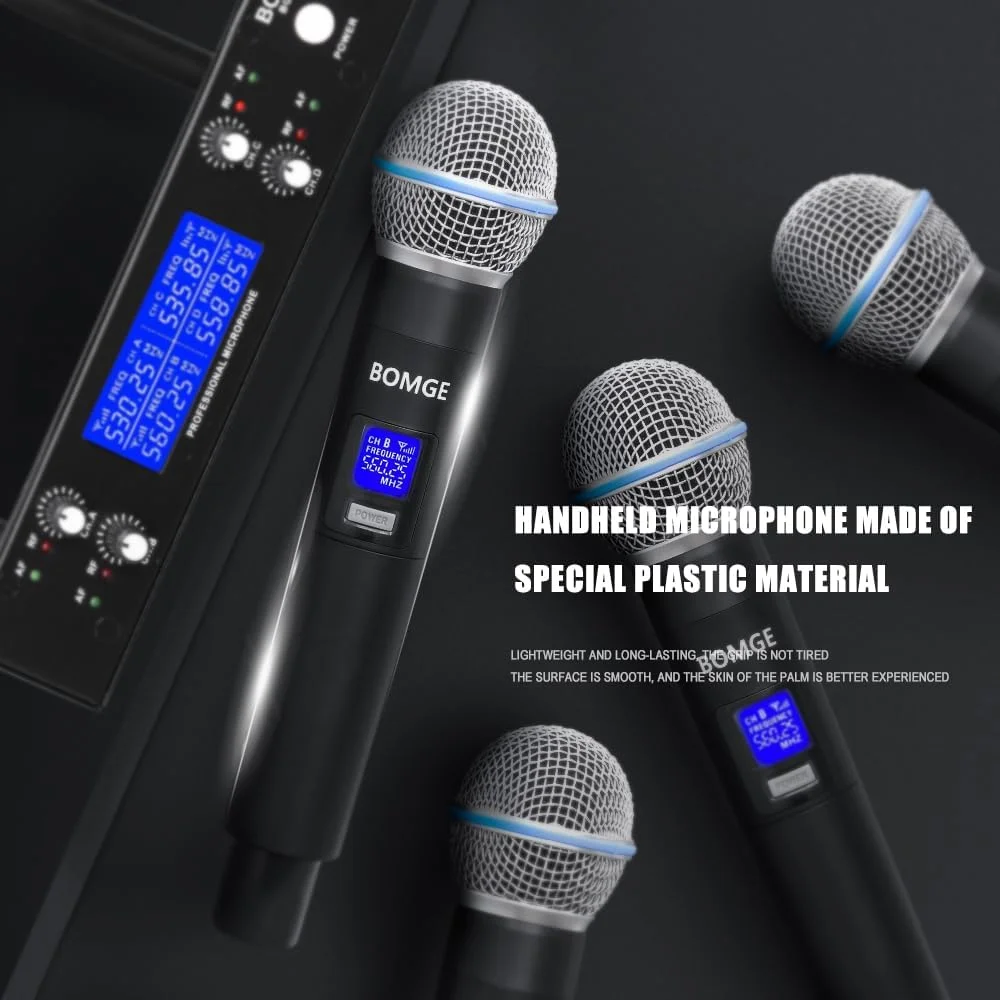 سیستم میکروفون بی سیم حرفه ای BOMGE، میکروفون بی سیم UHF 4 کاناله، میکروفون بی سیم با 4 میکروفون دستی دینامیک، برد 260 فوت، میکروفون برای آواز خواندن، کلیسا، کارائوکه، مهمانی (410U-4 دستی)