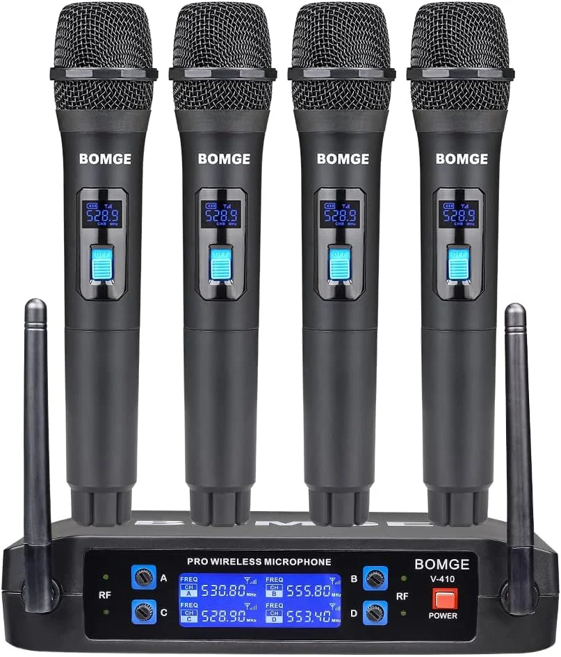 سیستم میکروفون بی سیم BOMGE، ست میکروفون بی سیم 4 کاناله حرفه ای با چهار میکروفون دستی، فرکانس ثابت، برد بلند 200 فوت، ایده آل برای کلیسا، کارائوکه، رویدادها (V410)