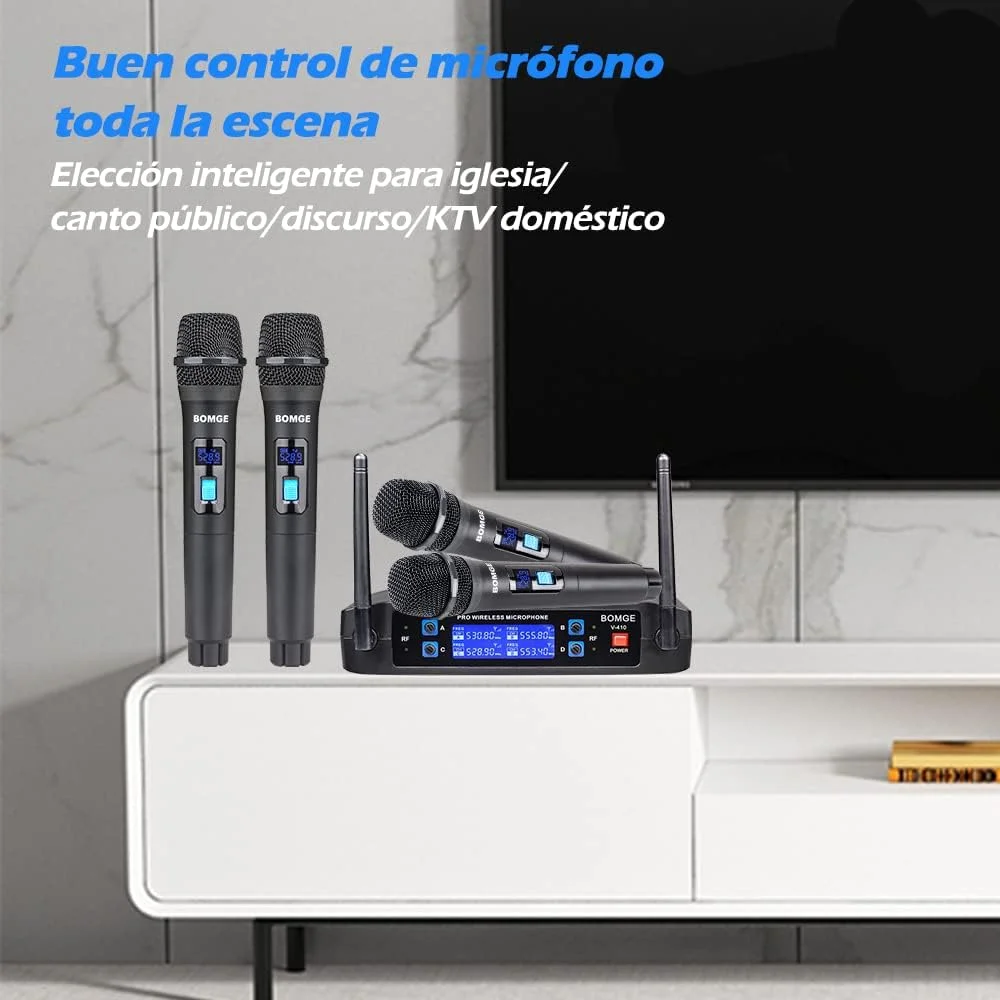 سیستم میکروفون بی سیم BOMGE، ست میکروفون بی سیم 4 کاناله حرفه ای با چهار میکروفون دستی، فرکانس ثابت، برد بلند 200 فوت، ایده آل برای کلیسا، کارائوکه، رویدادها (V410)