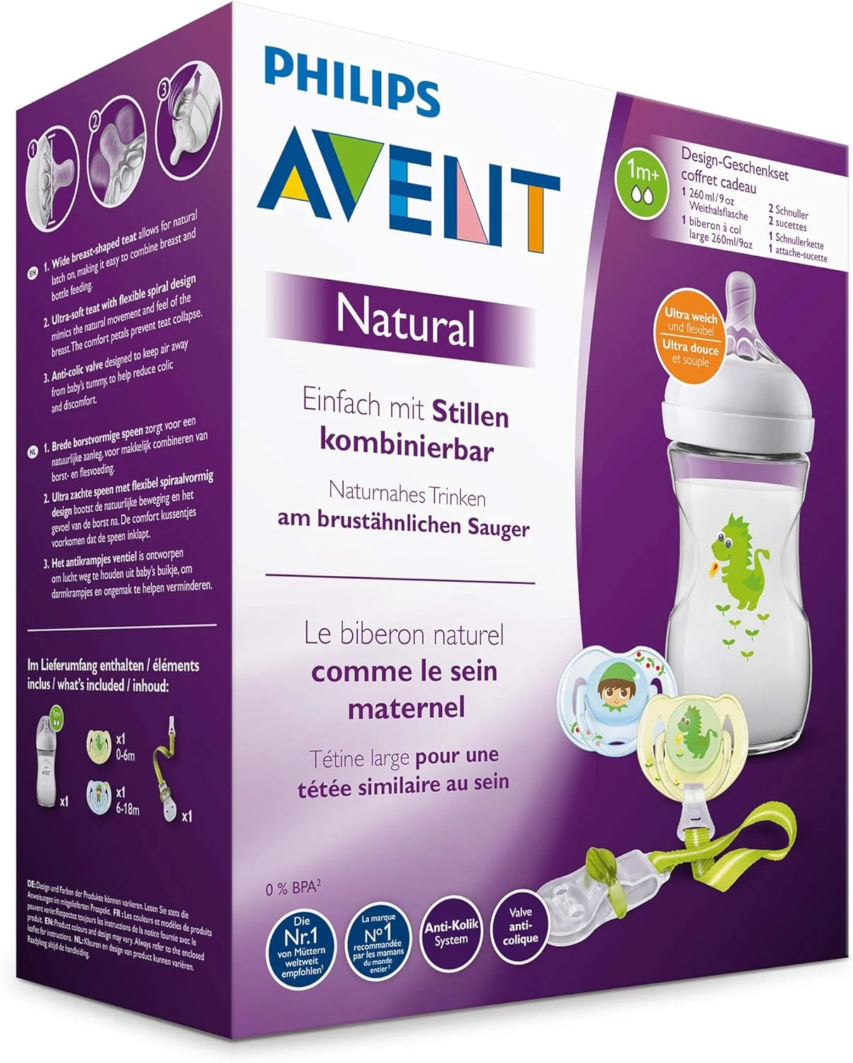 ست هدیه شیشه شیر نچرال اونت فیلیپس مدل SCD287/24 به همراه پستانک و زنجیر پستانک 260 میلی لیتر ست هدیه شیشه شیر نچرال اونت فیلیپس مدل SCD287/24 به همراه پستانک و زنجیر پستانک 260 میلی لیتر