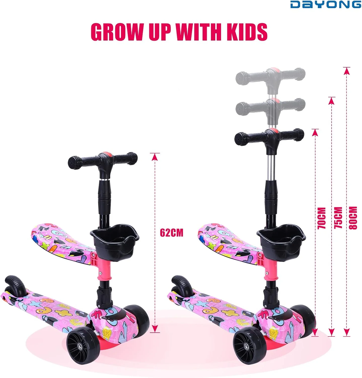 اسکوتر 3 چرخ تاشو و قابل تنظیم ارتفاع DAYONG مدل 2 در 1، مناسب برای کودکان 2 تا 12 سال (پسر و دختر)