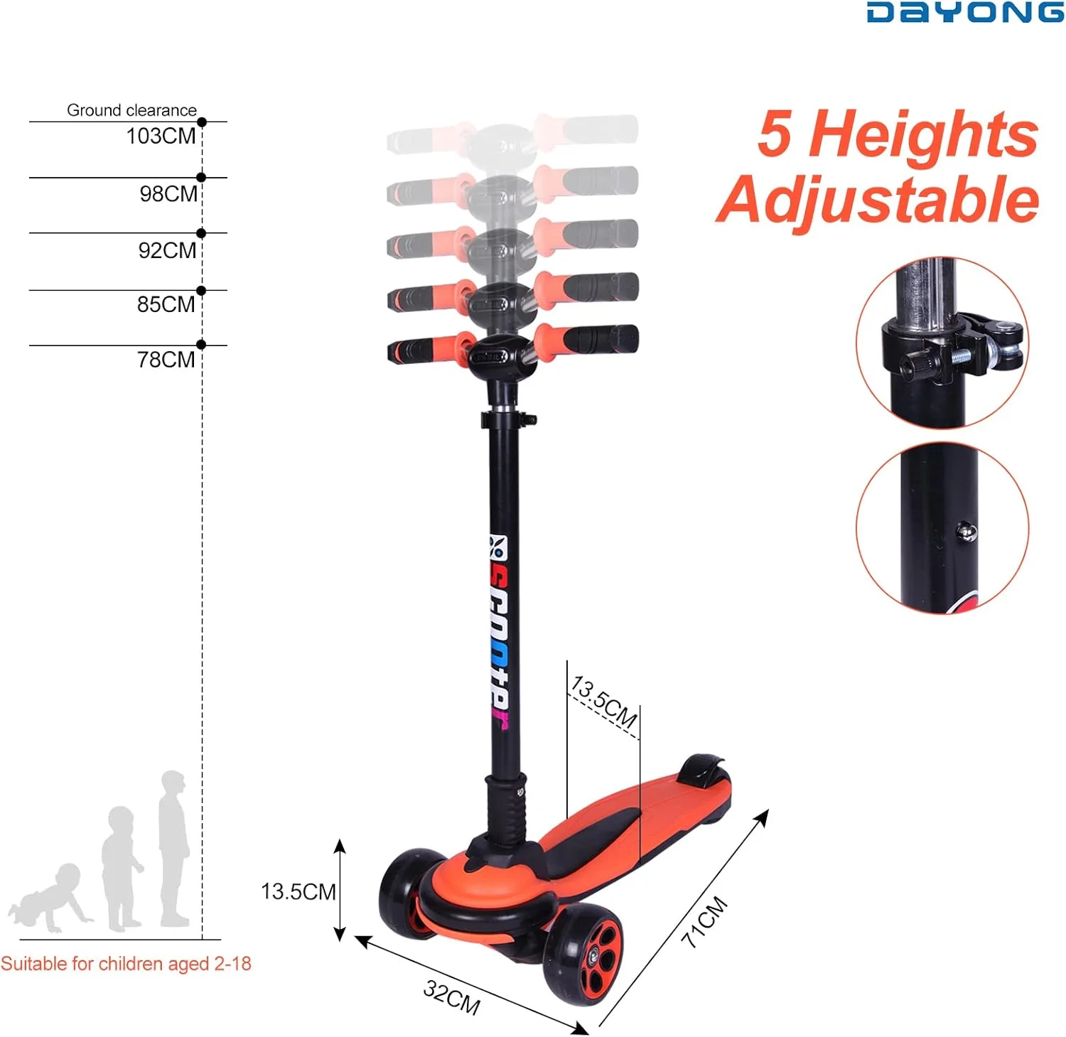 اسکوتر ضربه ای DAYONG برای کودکان و نوجوانان، اسکوتر ورزشی و فضای باز با ارتفاع قابل تنظیم 5 سطح برای سنین 3-18 سال، اسکوتر تاشو با چراغ LED، تحمل وزن تا 100 کیلوگرم (نارنجی)