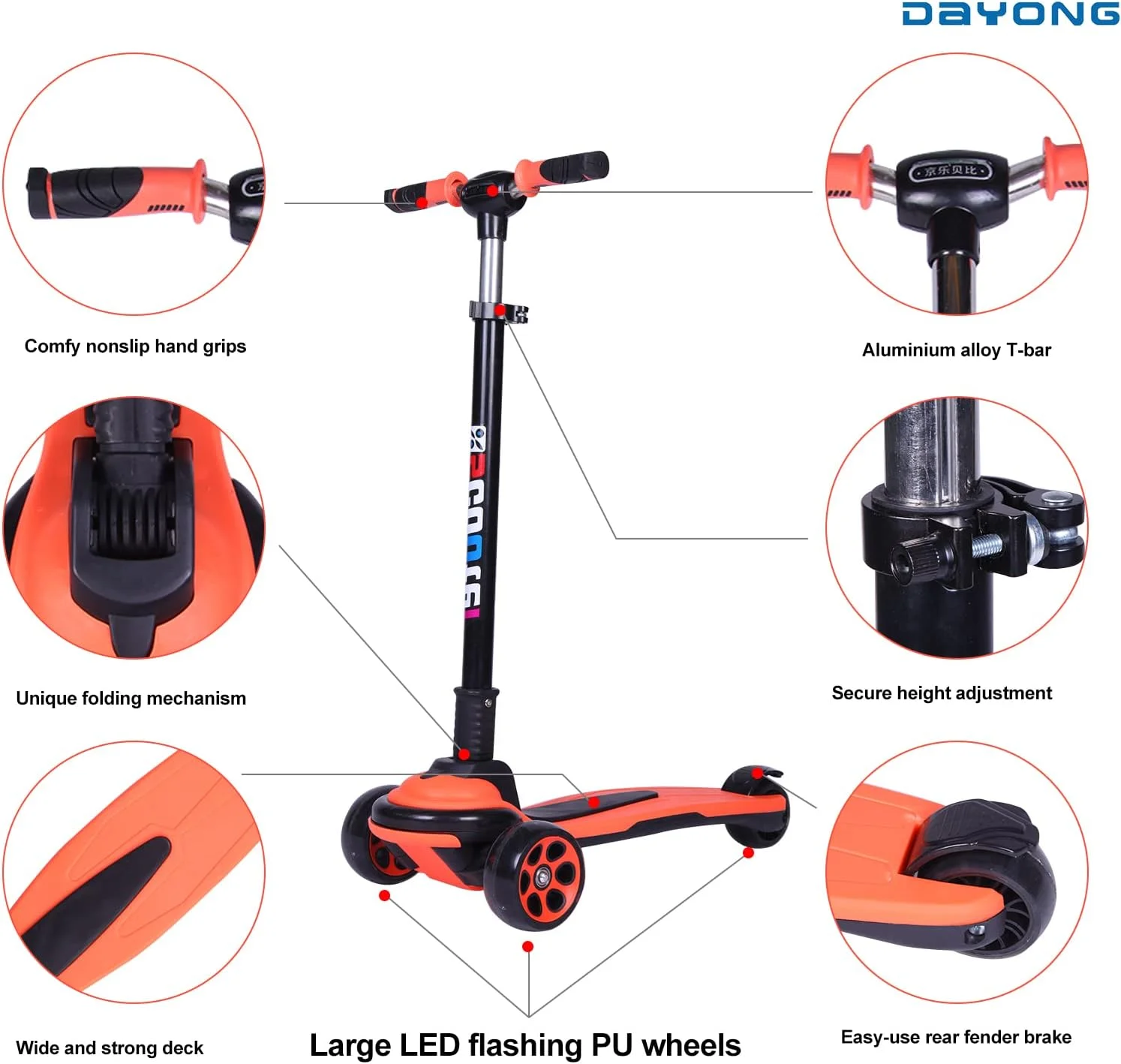 اسکوتر ضربه ای DAYONG برای کودکان و نوجوانان، اسکوتر ورزشی و فضای باز با ارتفاع قابل تنظیم 5 سطح برای سنین 3-18 سال، اسکوتر تاشو با چراغ LED، تحمل وزن تا 100 کیلوگرم (نارنجی)
