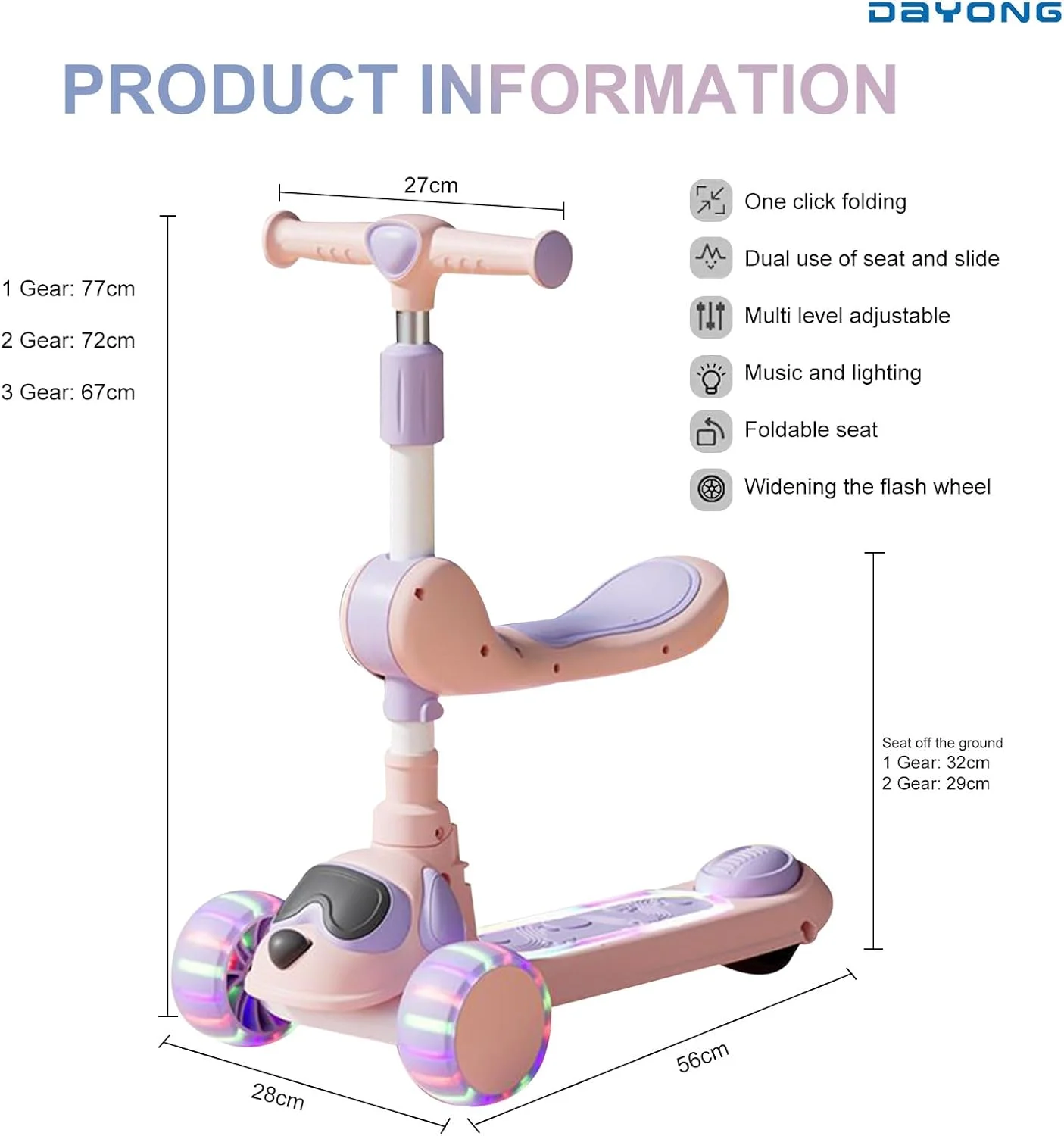 اسکوتر کودکانه DAYONG، اسکوتر تاشو برای کودکان، اسکوتر 2 در 1 برای پسران و دختران با دسته قابل تنظیم، طراحی چشمک زن و موسیقی، حالت های استفاده چندگانه