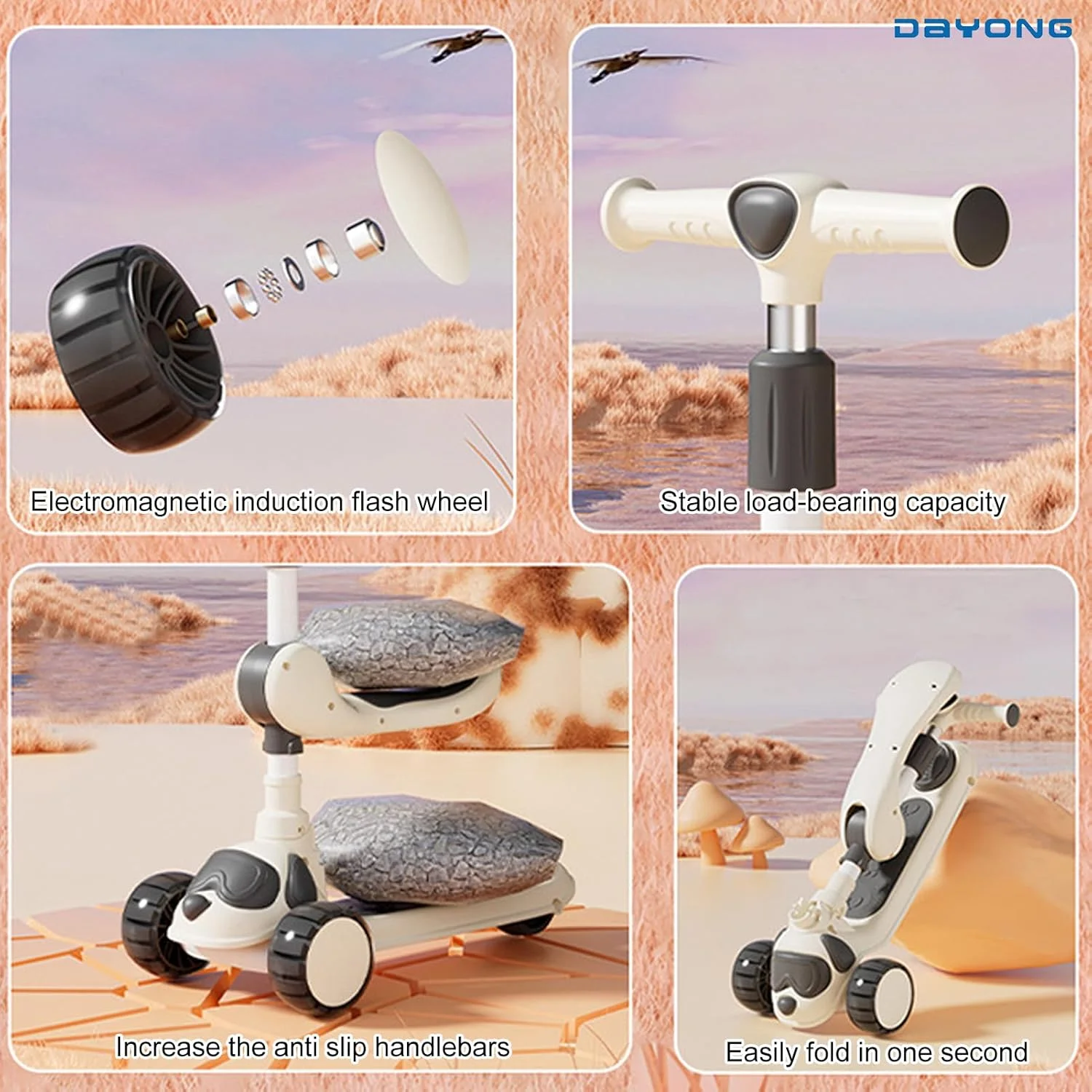 اسکوتر کودکانه DAYONG، اسکوتر تاشو برای کودکان، اسکوتر 2 در 1 برای پسران و دختران با دسته قابل تنظیم، طراحی چشمک زن و موسیقی، حالت های استفاده چندگانه