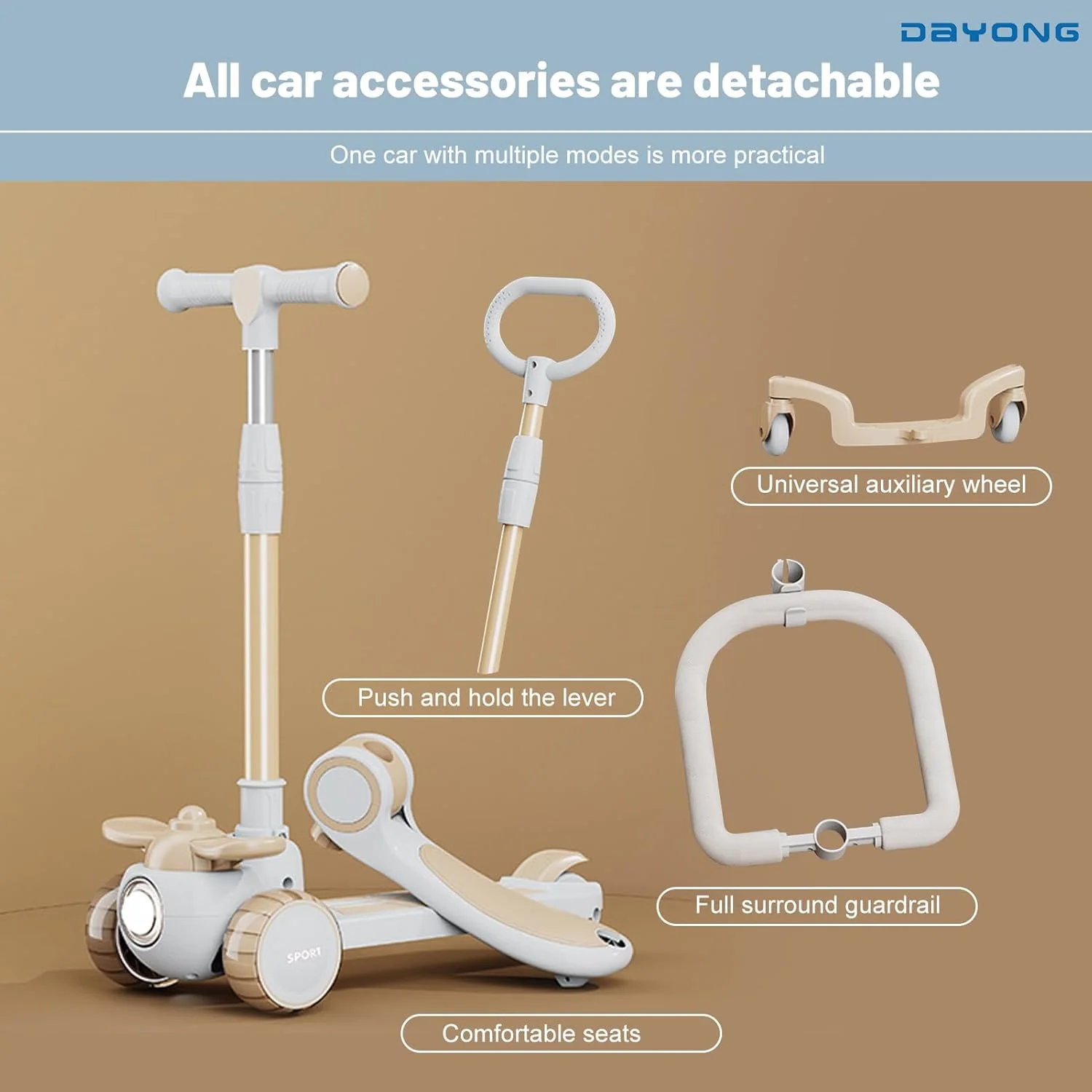 اسکوتر بچگانه DAYONG، اسکوتر قابل تنظیم برای کودکان 2 تا 12 ساله، اسکوتر تاشو سبک وزن جداشدنی با دسته های فشاری، حالت های استفاده چندگانه (نشسته و ایستاده)