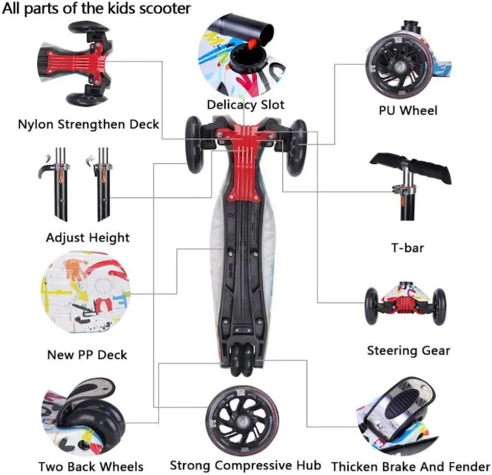 اسکوتر کودکانه 3 چرخ AM ANNA، مینی اسکوتر قابل تنظیم با چرخ های LED روشن (قرمز و سفید)