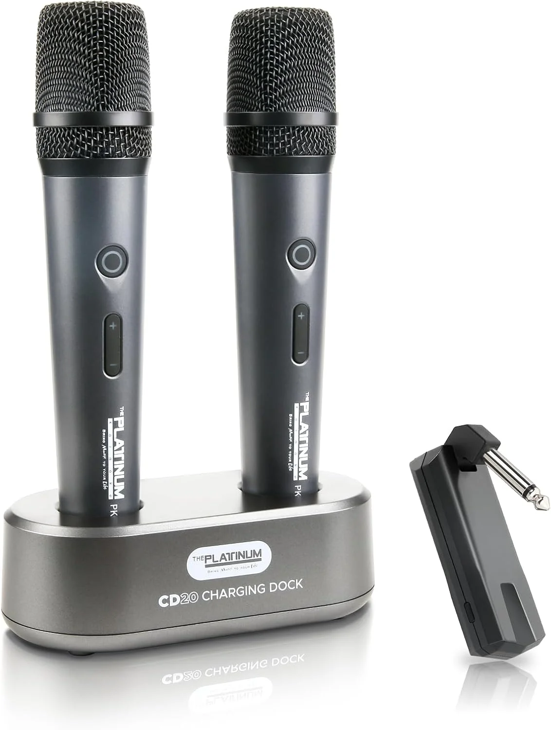 میکروفون بی سیم کارائوکه پلاتینیوم برای ورودی میکروفون UHF فلزی دینامیک دستی چند منظوره با پایه و گیرنده قابل شارژ با برد 160 فوت مناسب برای دستگاه کارائوکه/آمپلی فایر/اسپیکر/میکسر