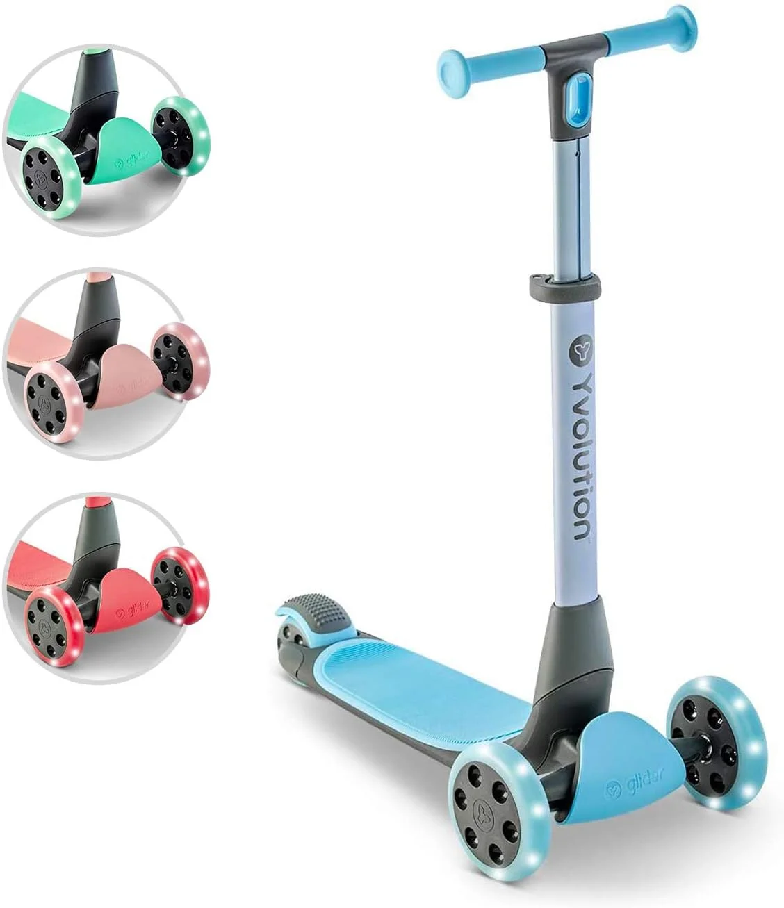 اسکوتر 3 چرخ Yvolution Glider NUA برای کودکان - سنین 3 تا 10 سال | فرمان قابل تنظیم، چرخ های LED، سیستم تاشو قوس دار و عرشه فوق عریض