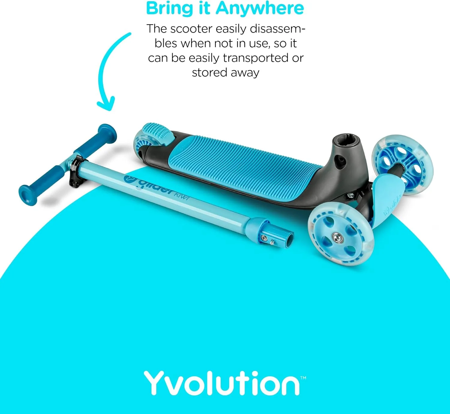 اسکوتر کودکانه Yvolution Glider KIWI – مناسب برای سنین 3 تا 8 سال | اسکوتر 3 چرخ، فرمان قابل تنظیم، چرخ‌های LED، عرشه پهن، فرمان متمایل به پهلو و طراحی تاشو