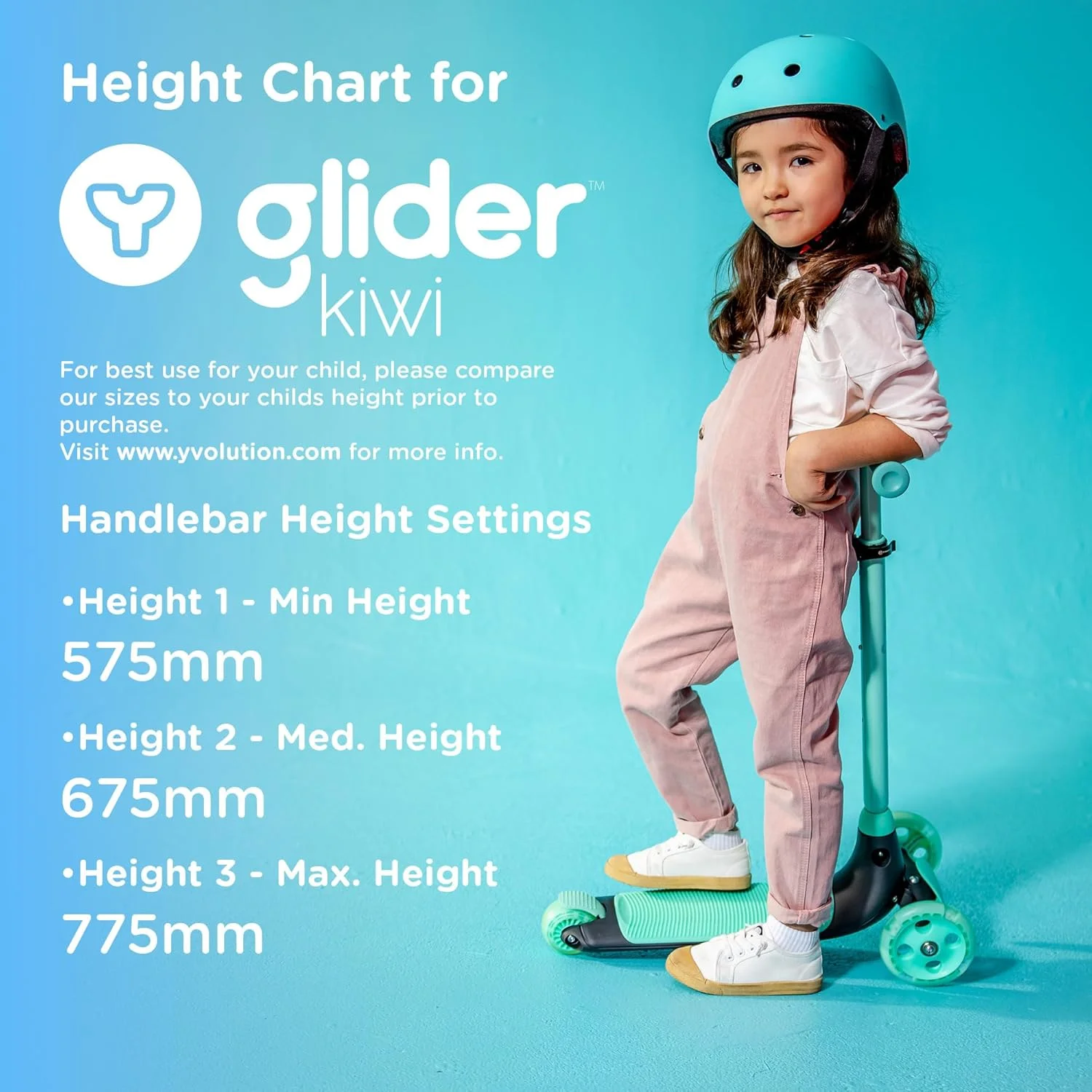 اسکوتر کودکانه Yvolution Glider KIWI – مناسب برای سنین 3 تا 8 سال | اسکوتر 3 چرخ، فرمان قابل تنظیم، چرخ‌های LED، عرشه پهن، فرمان متمایل به پهلو و طراحی تاشو