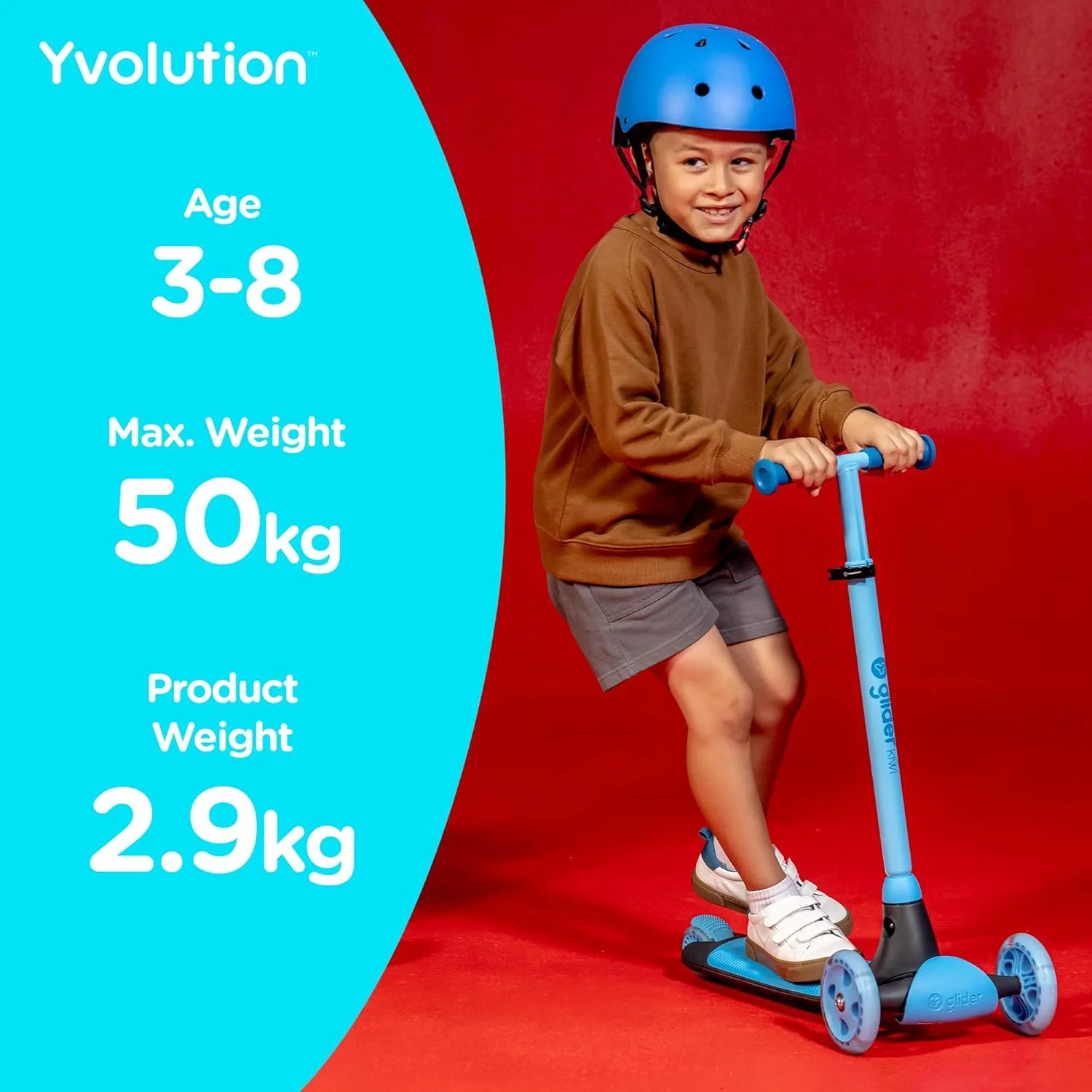 اسکوتر کودکانه Yvolution Glider KIWI – مناسب برای سنین 3 تا 8 سال | اسکوتر 3 چرخ، فرمان قابل تنظیم، چرخ‌های LED، عرشه پهن، فرمان متمایل به پهلو و طراحی تاشو