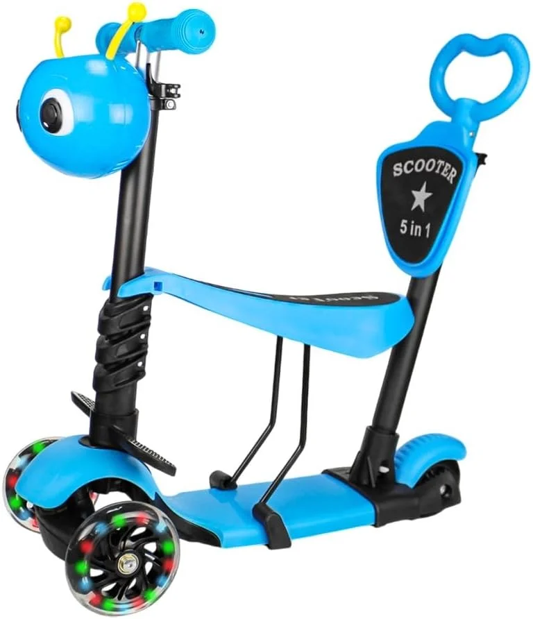 اسکوتر 3 در 1 کودکانه UKR با صندلی تاشو و فرمان، چرخ های LED چشمک زن، اسکوتر 3 چرخ با میله فشاری قابل تنظیم، سبد ذخیره سازی، سه چرخه کودکانه با طرح زنبوری