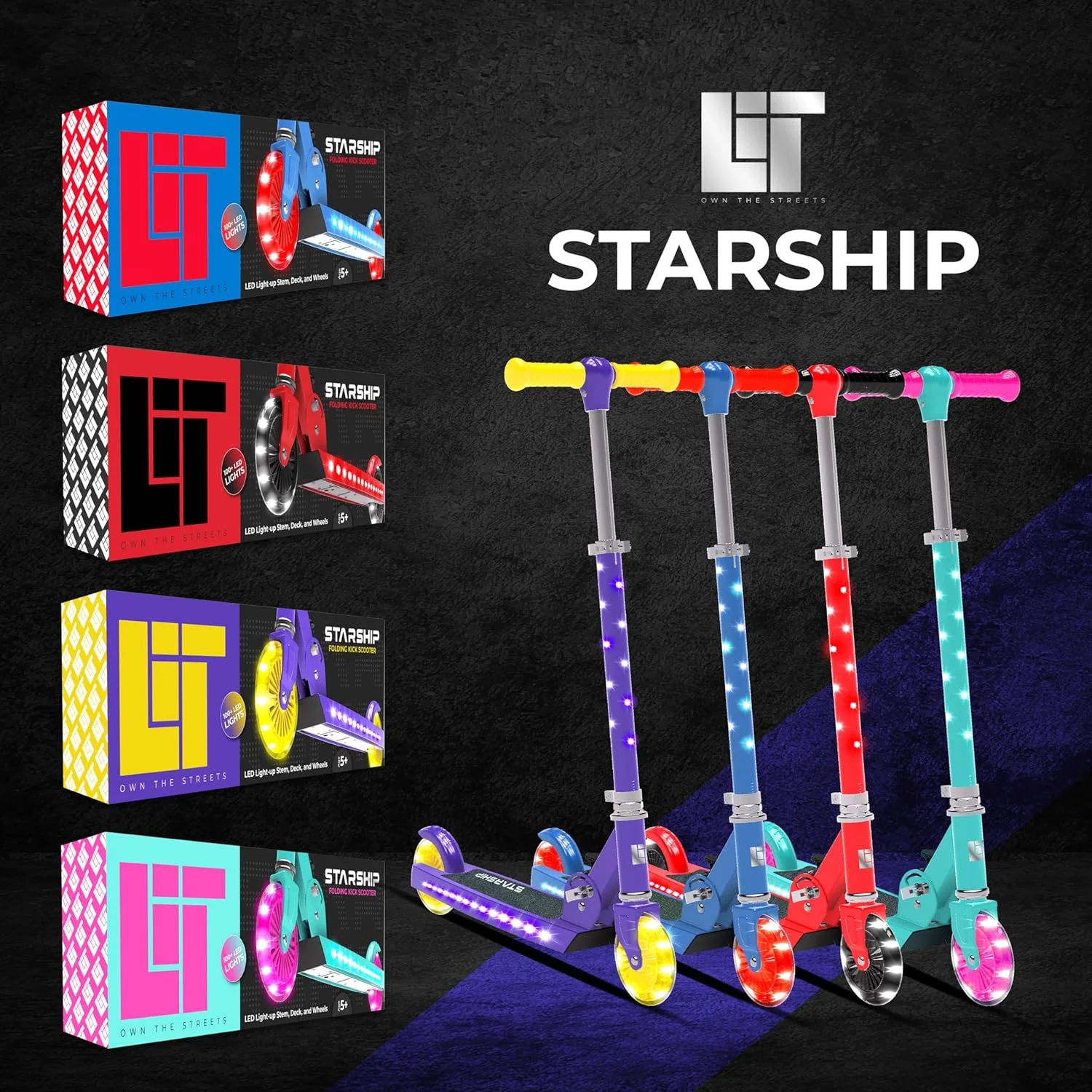 اسکوتر چراغ دار LED مدل LiT Starship 120mm مناسب کودکان | دارای پایه و چرخ های LED، اسکوتر تاشو با قابلیت تنظیم ارتفاع دسته | موجود برای پسران و دختران در رنگ های فیروزه ای، بنفش، قرمز و آبی اسکوتر چراغ دار LED مدل LiT Starship 120mm مناسب کودکان | دارای پایه و چرخ های LED، اسکوتر تاشو با قابلیت تنظیم ارتفاع دسته | موجود برای پسران و دختران در رنگ های فیروزه ای، بنفش، قرمز و آبی
