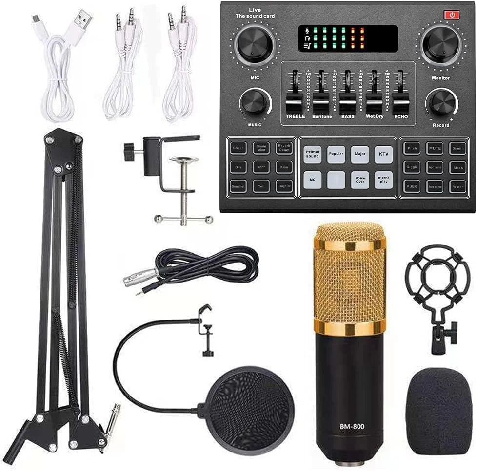 کیت کارت صدای چند منظوره V9 و میکروفون معلق BM800 - مجموعه میکروفون کندانسور پخش با کارت صدای وبکست هوشمند برای کامپیوتر و موبایل