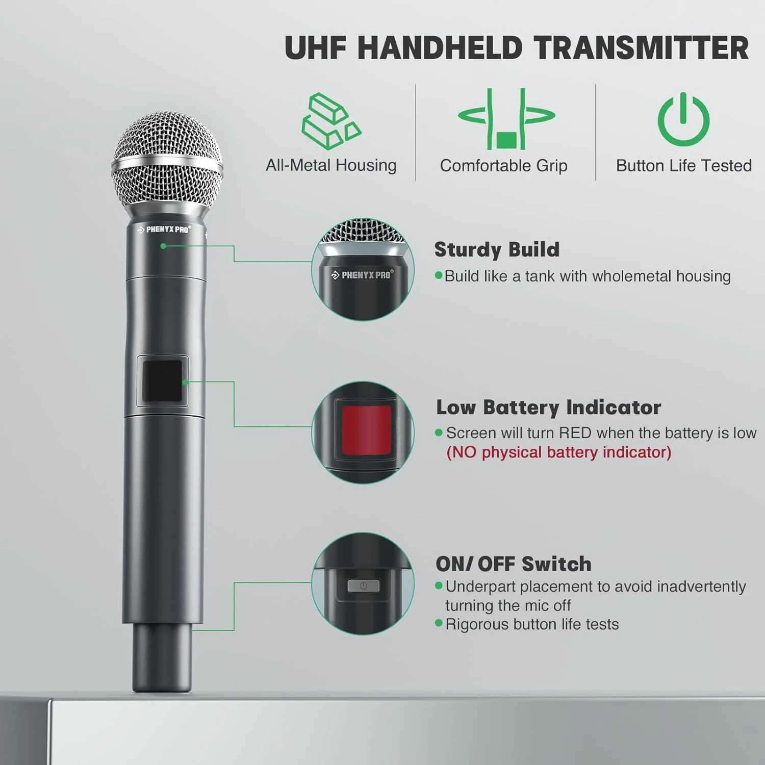 فرستنده میکروفون دستی UHF فلزی Phenyx Pro PTU-4000 919.7MHz با برد عملیاتی 260 فوت فرستنده میکروفون دستی UHF فلزی Phenyx Pro PTU-4000 919.7MHz با برد عملیاتی 260 فوت