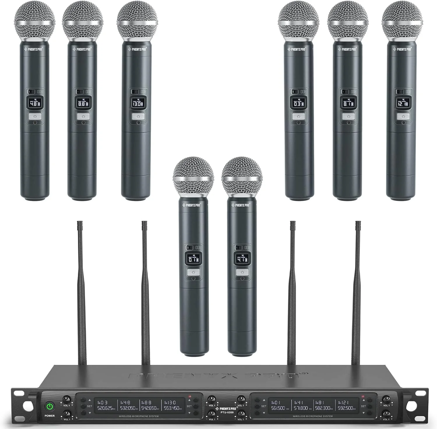 سیستم میکروفون بی سیم Phenyx Pro PTU6000A با مجموعه میکروفون دستی فلزی (328 فوت، 8 x 40 کانال)